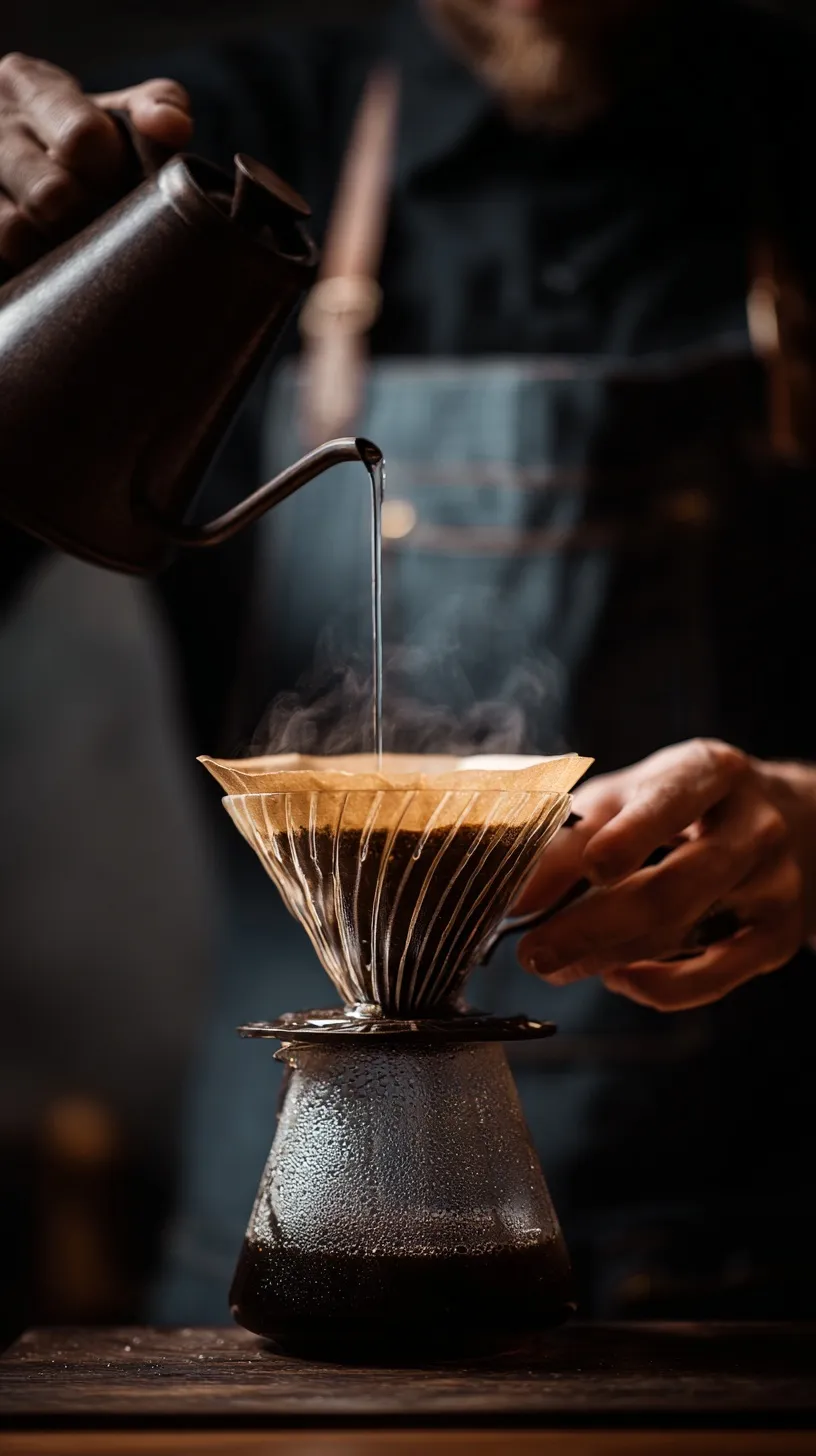 A barista pouring hot water from a kettle into a V60 coffee dripper against a clean, solid studio background.