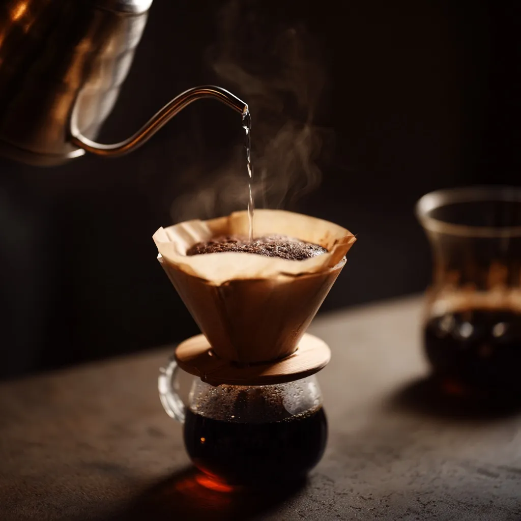 A fresh pour-over coffee being brewed with a kettle in dark, moody cinematic lighting.