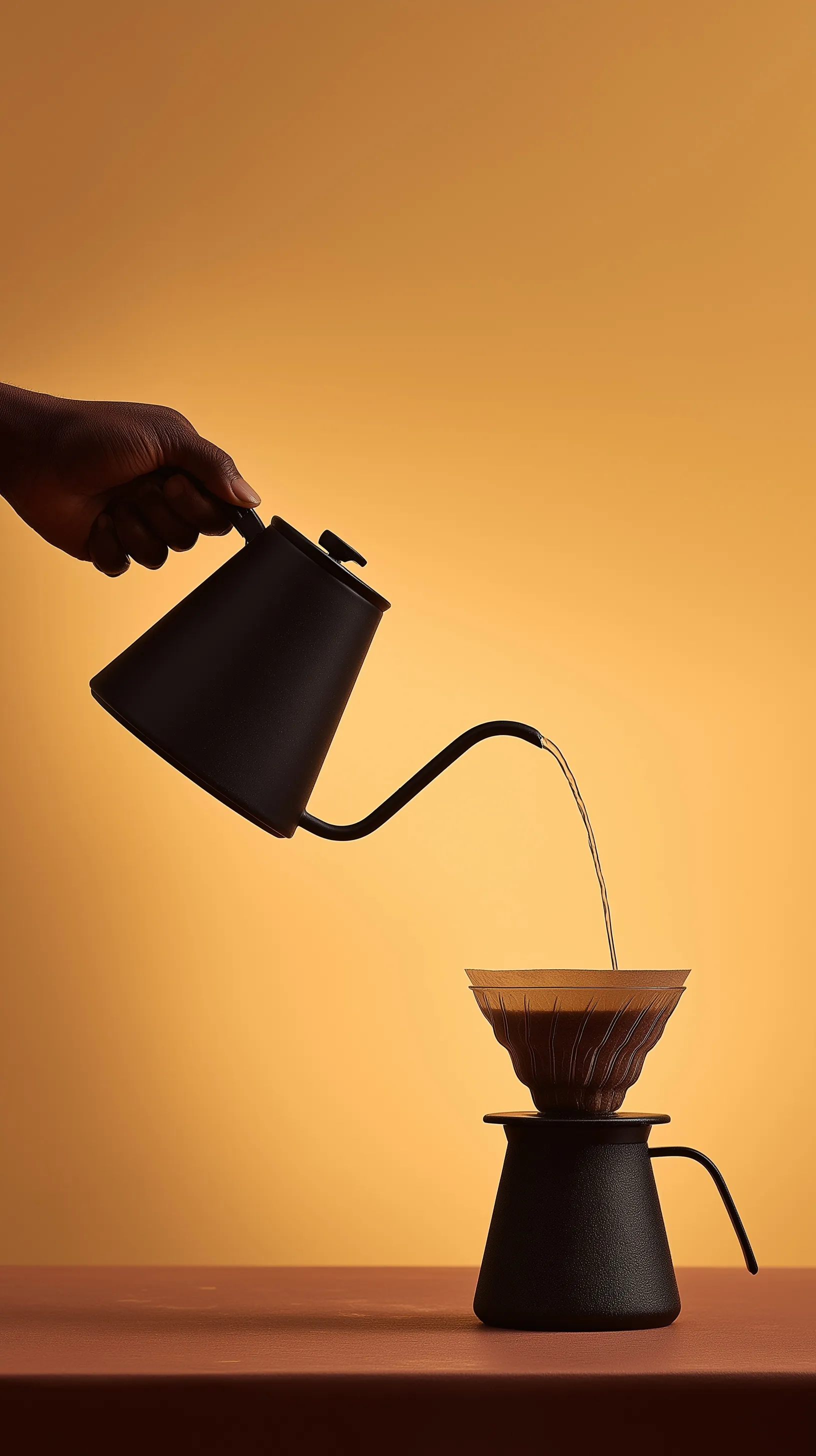 A hand pouring hot water from a gooseneck kettle into a coffee drip pot with a Ganesha silhouette on a beige wall.