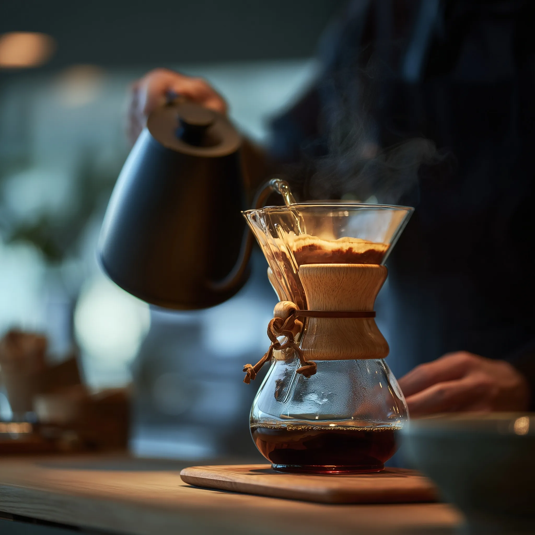 Close-up of hands pouring fresh pour-over coffee from a Chemex into a minimalist glass cup in a modern coffee shop.