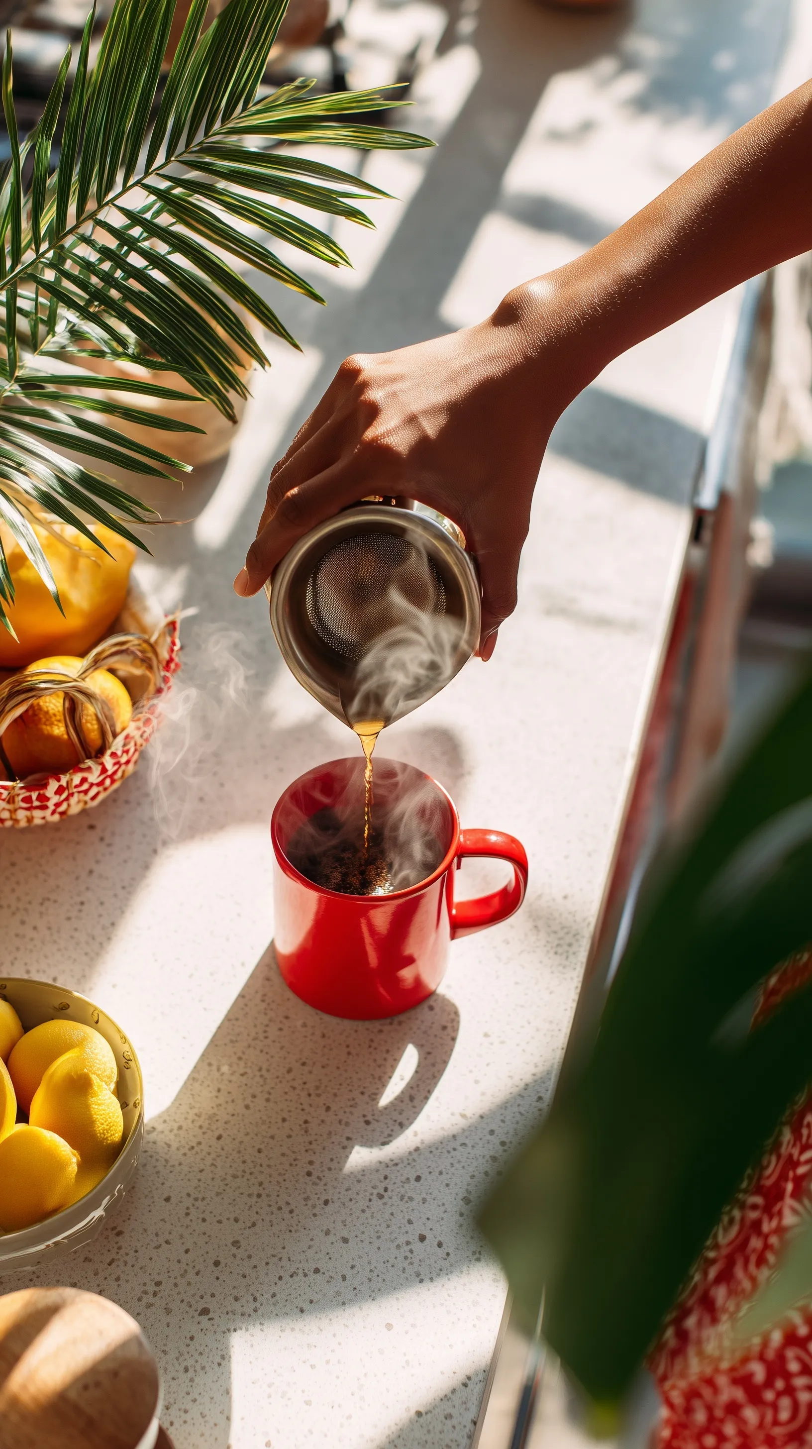 A stylish woman pouring hot water into a vibrant red mug for drip coffee in a bright, modern kitchen.