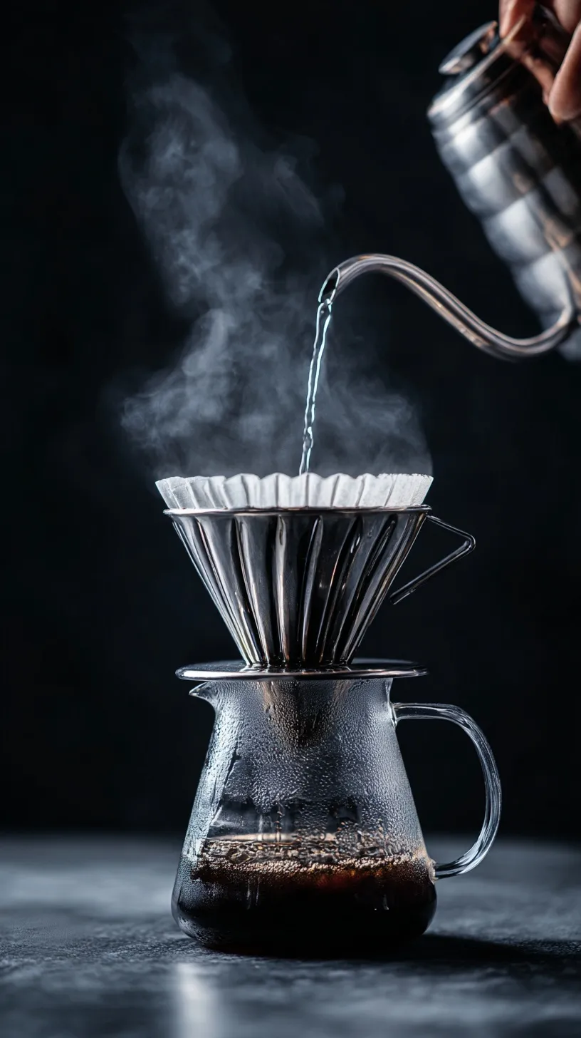 A silver kettle pouring hot water into a glass pour-over coffee maker against a minimalist black background.
