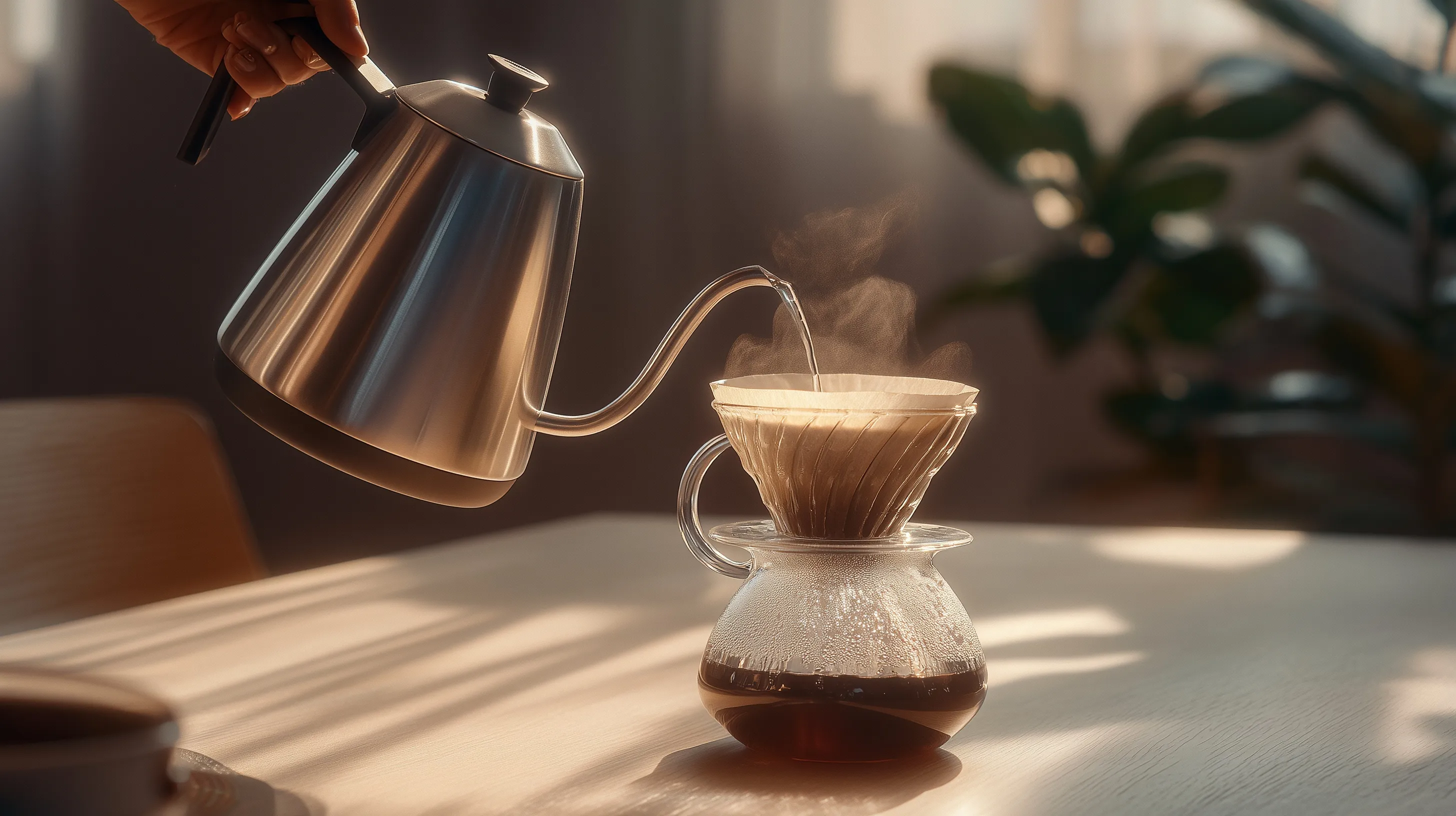Close-up of hot water pouring from a minimalist kettle into a glass coffee dripper on a cozy kitchen table.