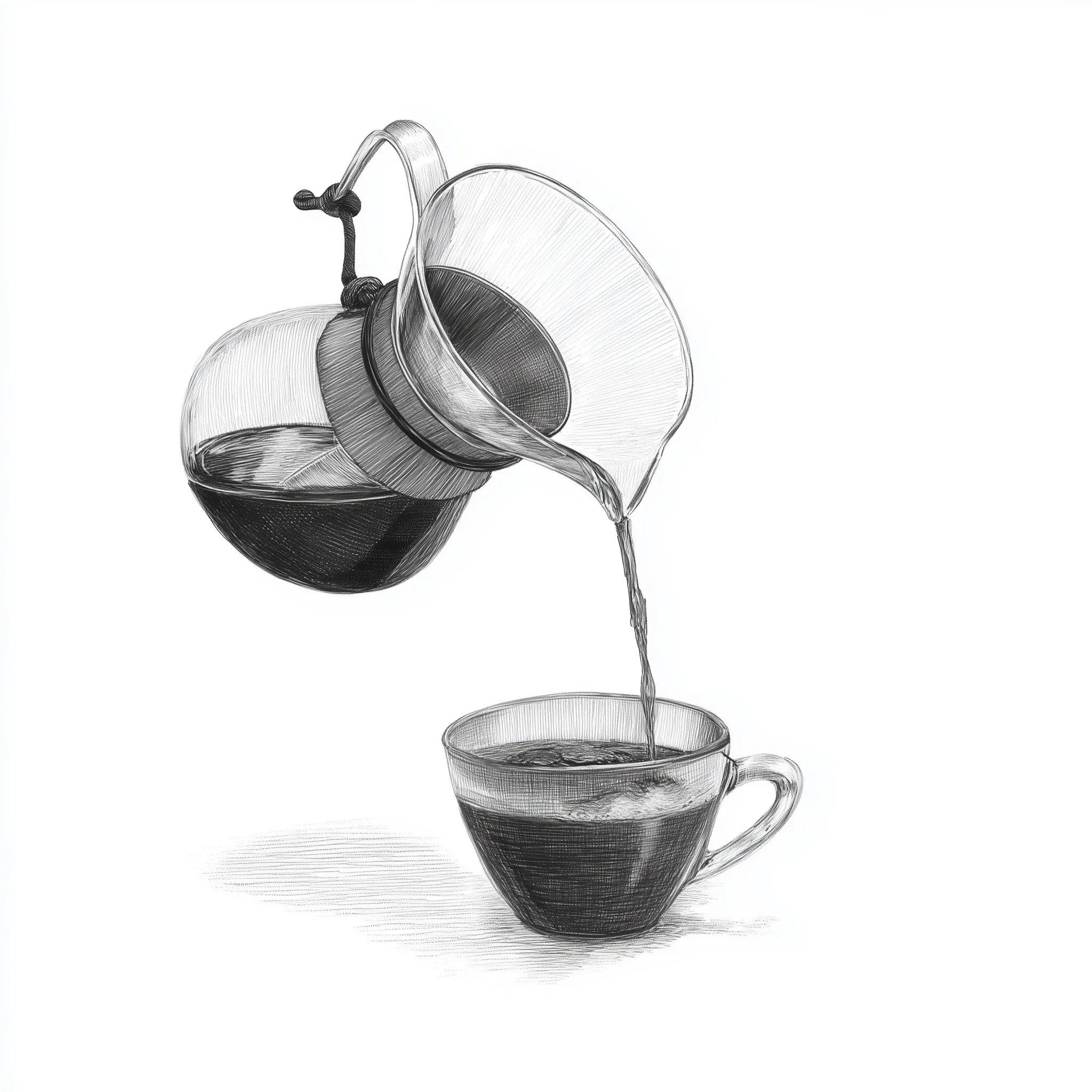 A pencil sketch of a pour-over coffee maker tilted, pouring fresh coffee into a cup on a white background.