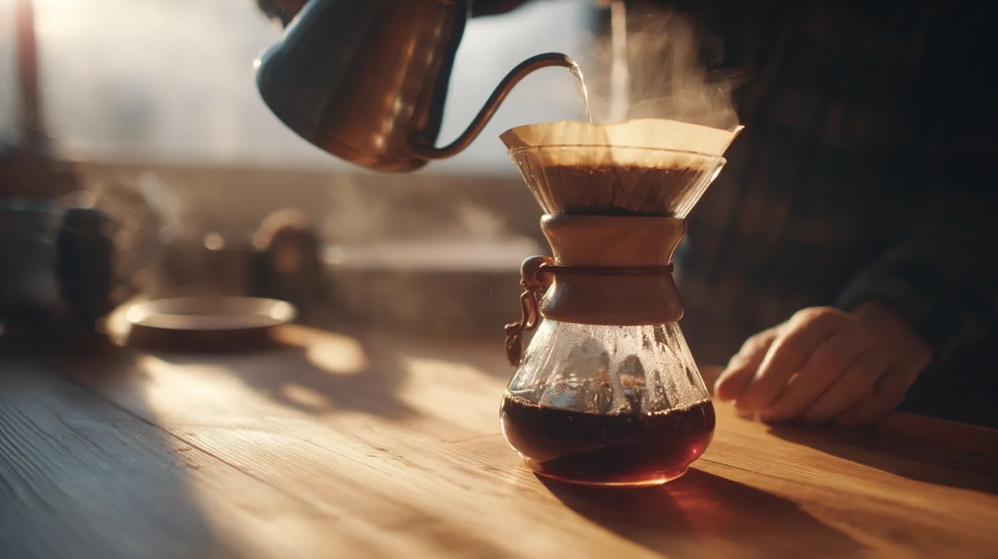 POV shot of coffee pouring from a kettle into a glass server with rising steam in warm morning light.