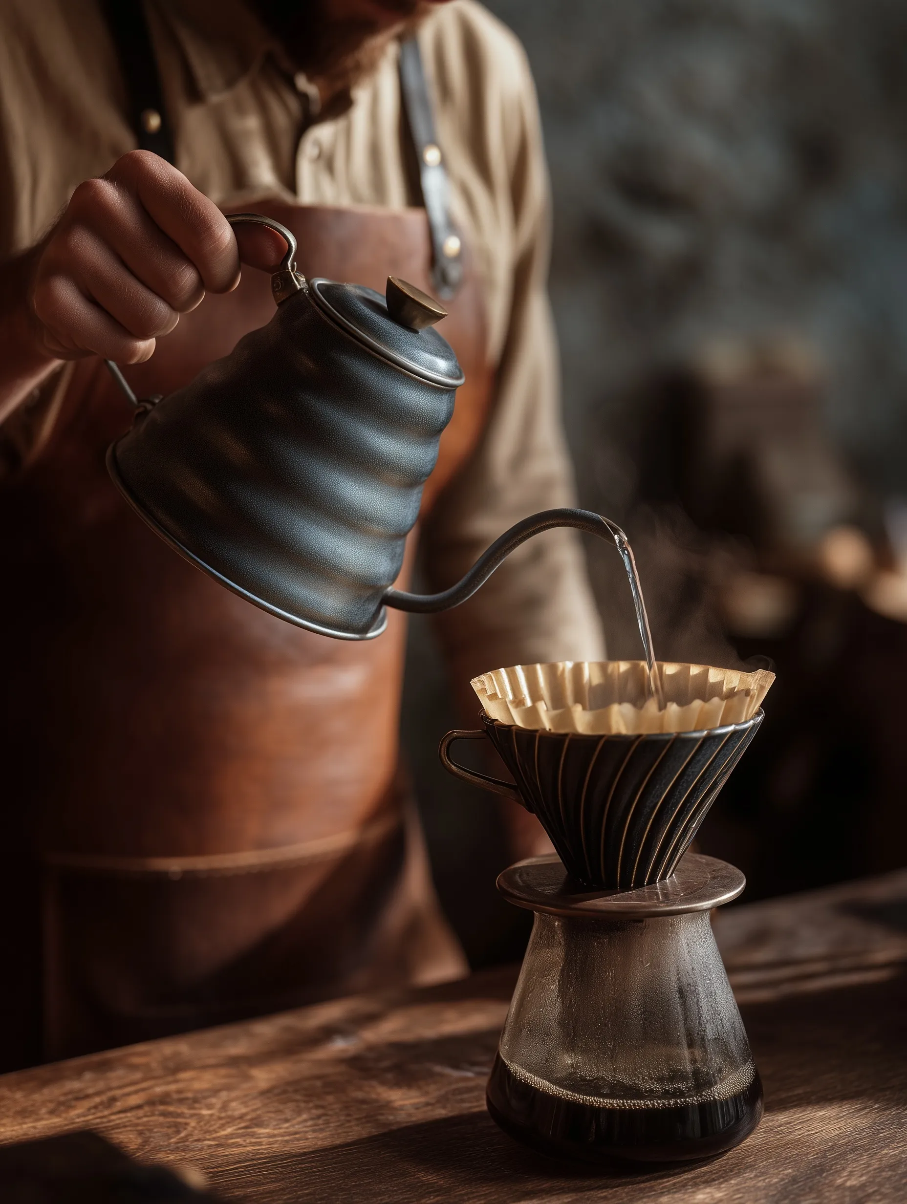 A barista in a leather apron pours hot water from a gooseneck kettle into a V60 coffee dripper.
