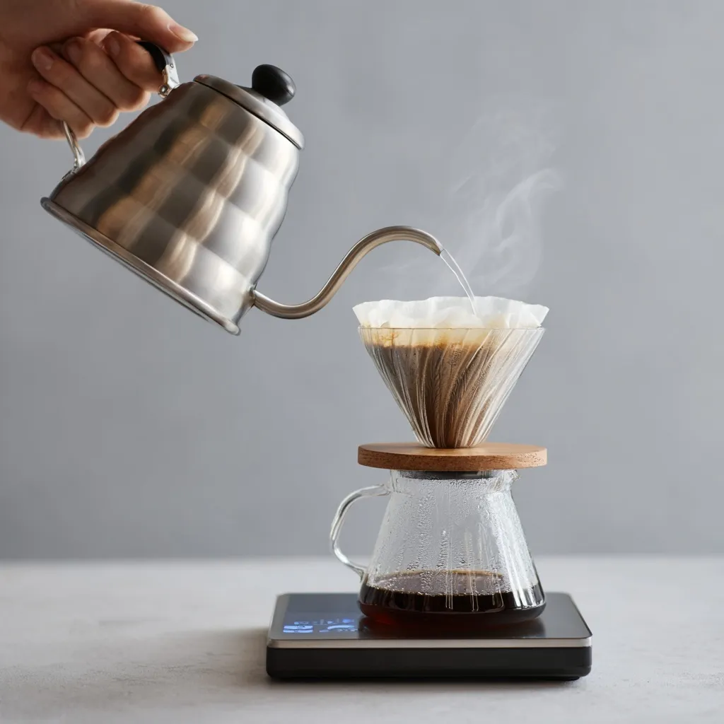 A barista pouring hot water from a gooseneck kettle into a V60 coffee dripper with rising steam on a light background.