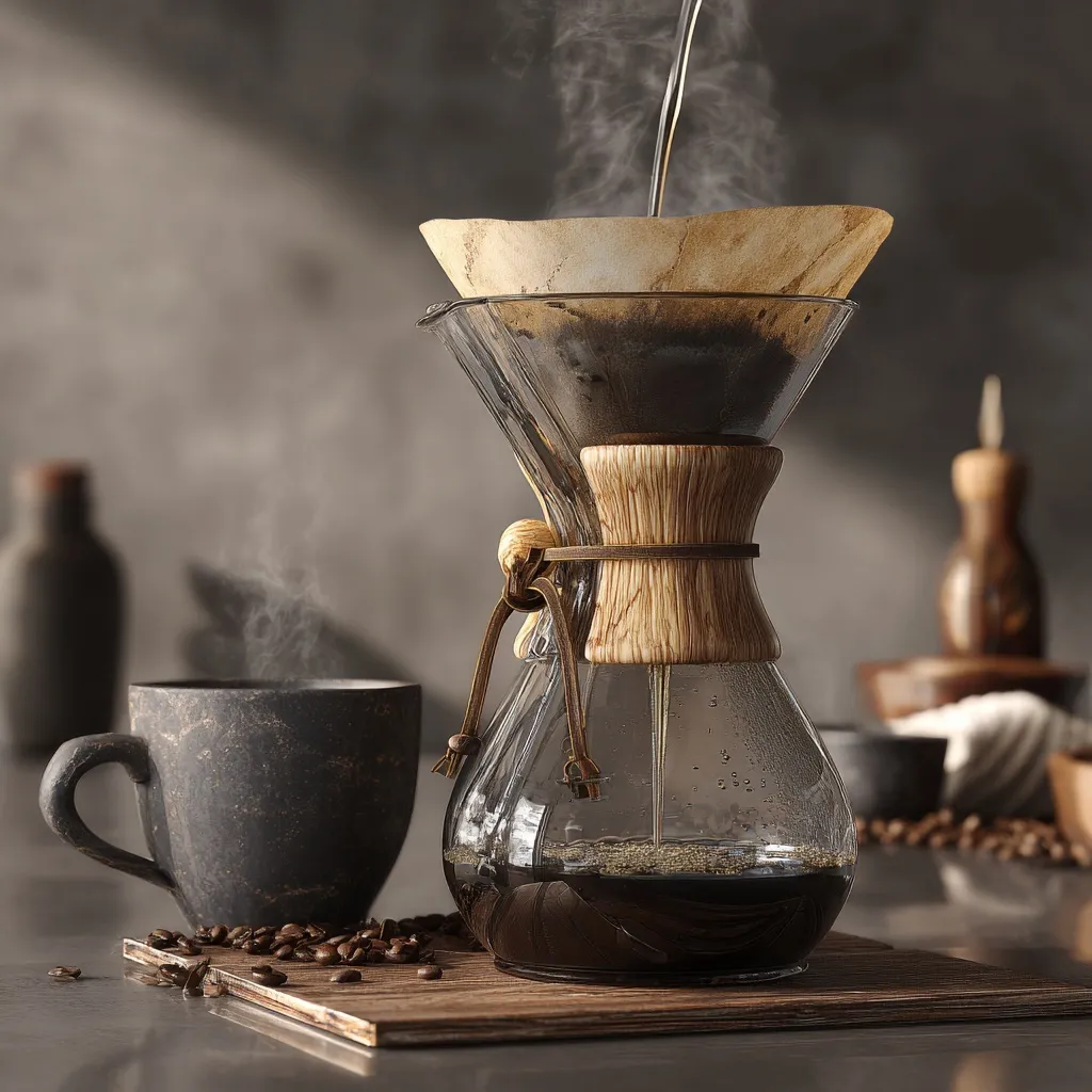 A person brewing fresh pour over coffee with a stainless steel kettle in a cozy, sunlit kitchen setting.