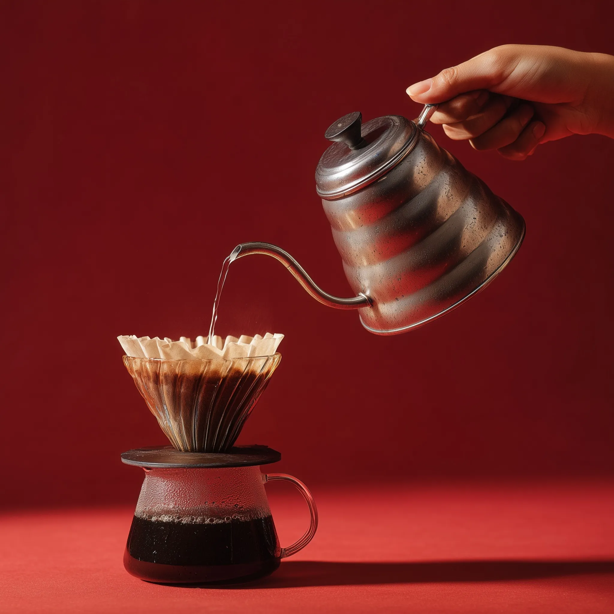 A woman pours hot water from a gooseneck kettle over a V60 coffee filter against a vibrant red background.