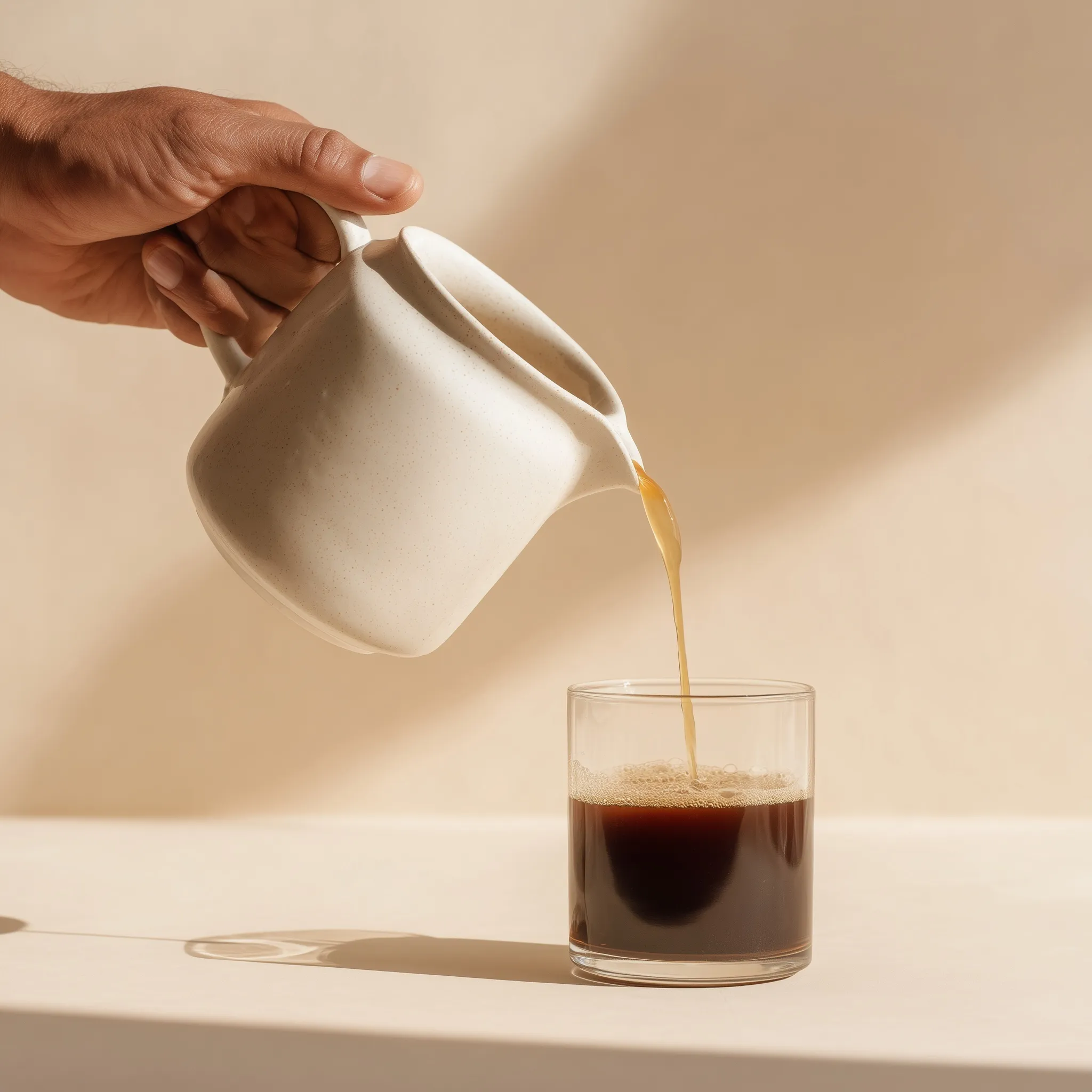 A hand pouring pour-over coffee from a white ceramic kettle into a glass on a minimalist beige background.