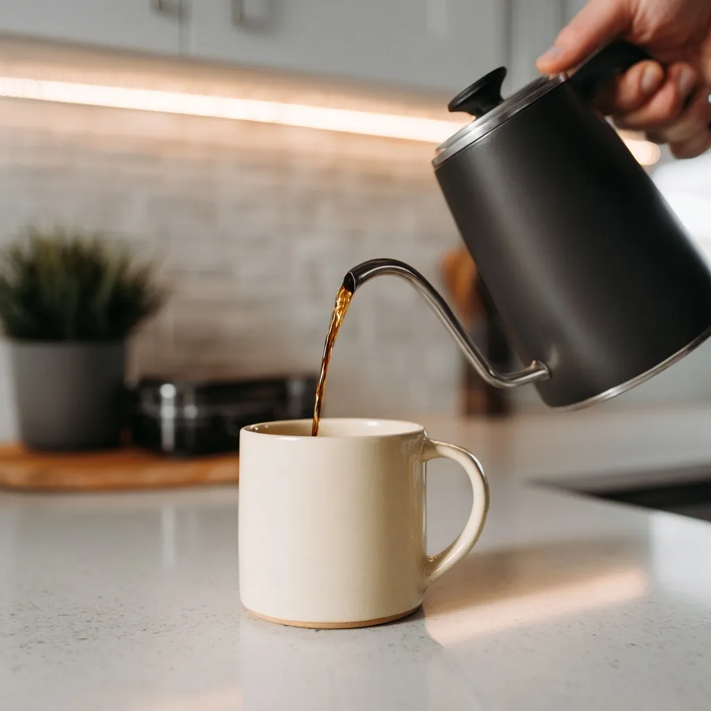 A modern black kettle pouring hot coffee into a cream ceramic mug on a bright kitchen counter.