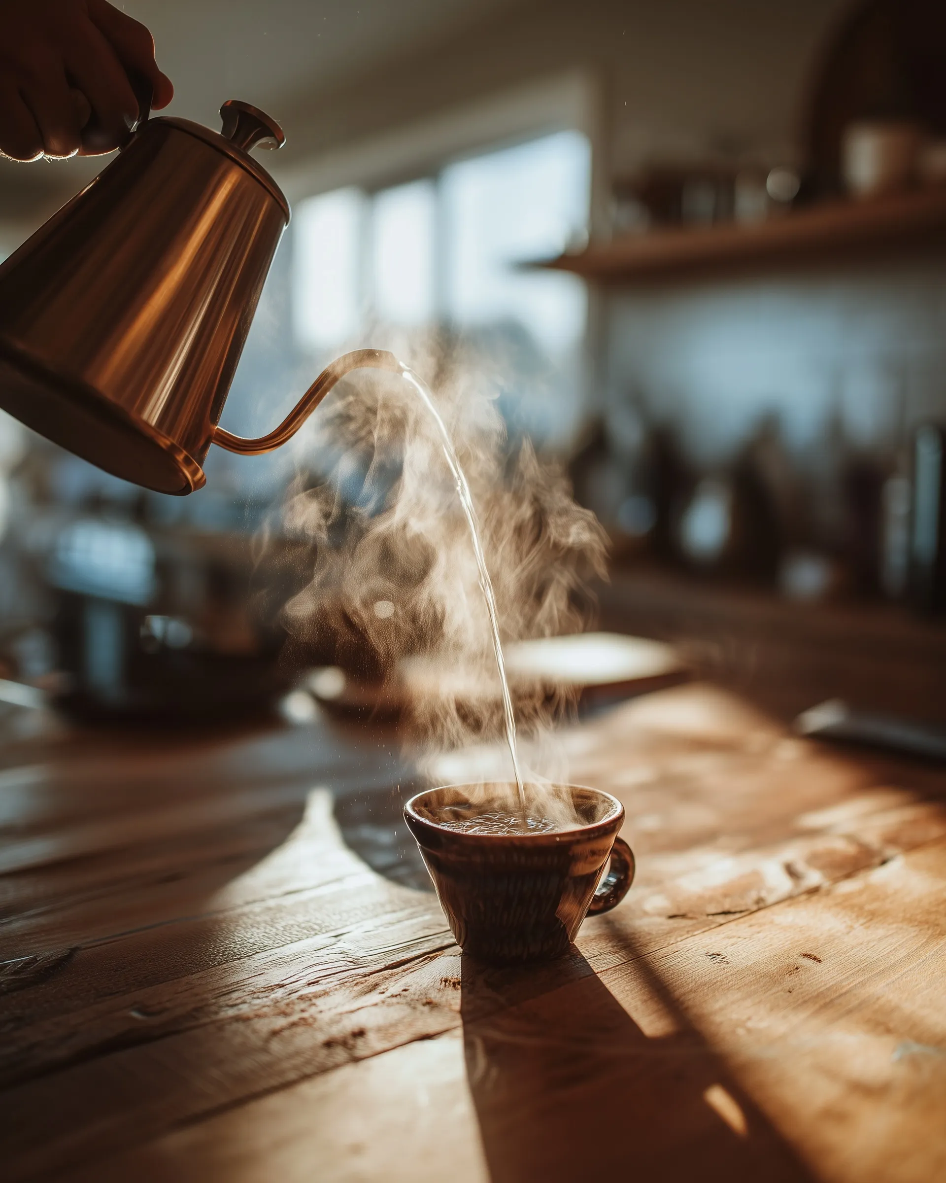 Hand pouring hot water from a kettle into a coffee dripper with swirling steam in a cozy, sunlit rustic kitchen.