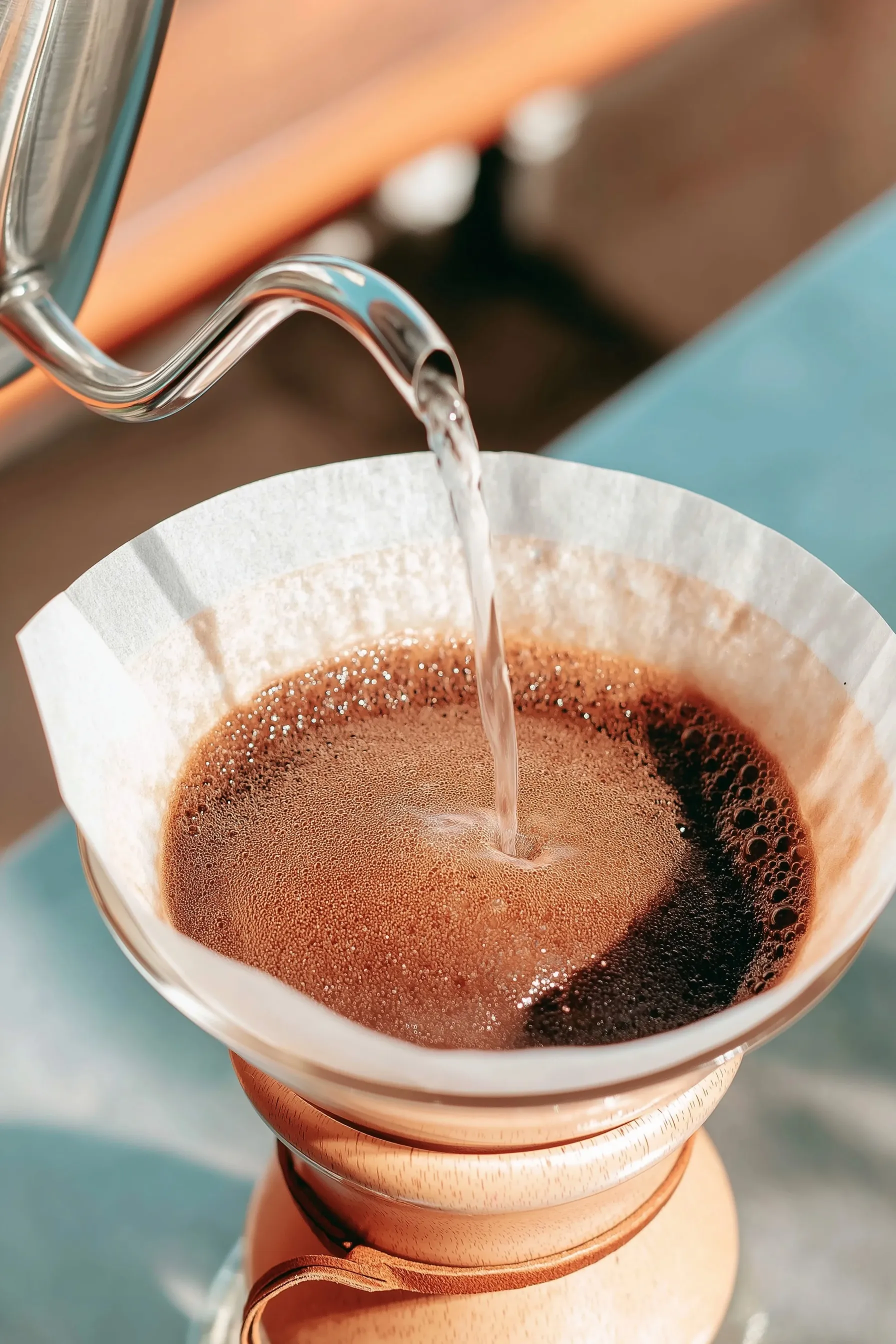 Macro shot of hot water pouring from a kettle onto dark coffee grounds for a Chemex bloom, gourmet aesthetic.