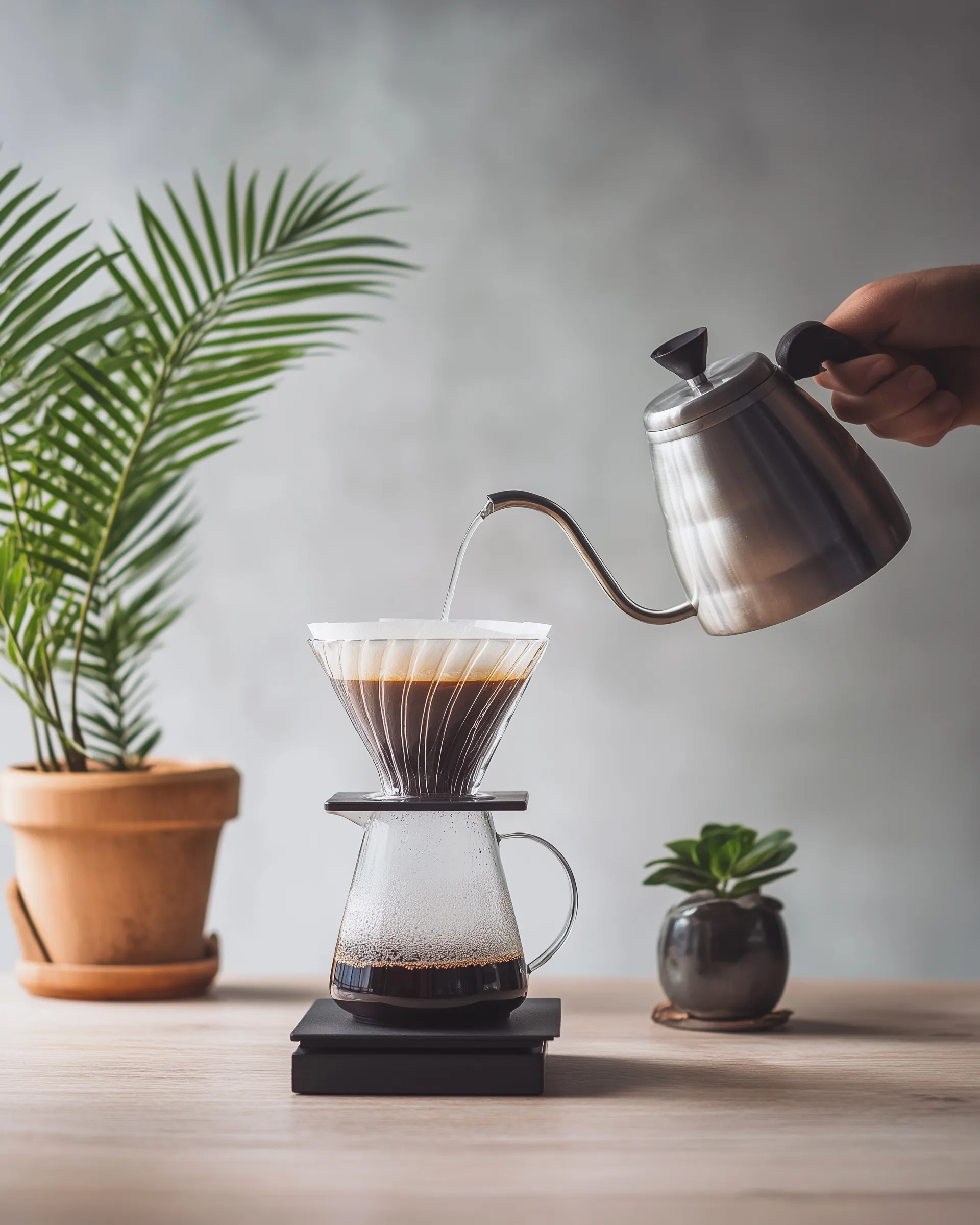 A person pouring hot water from a kettle into a V60 coffee dripper in a bright, minimalist kitchen setting.