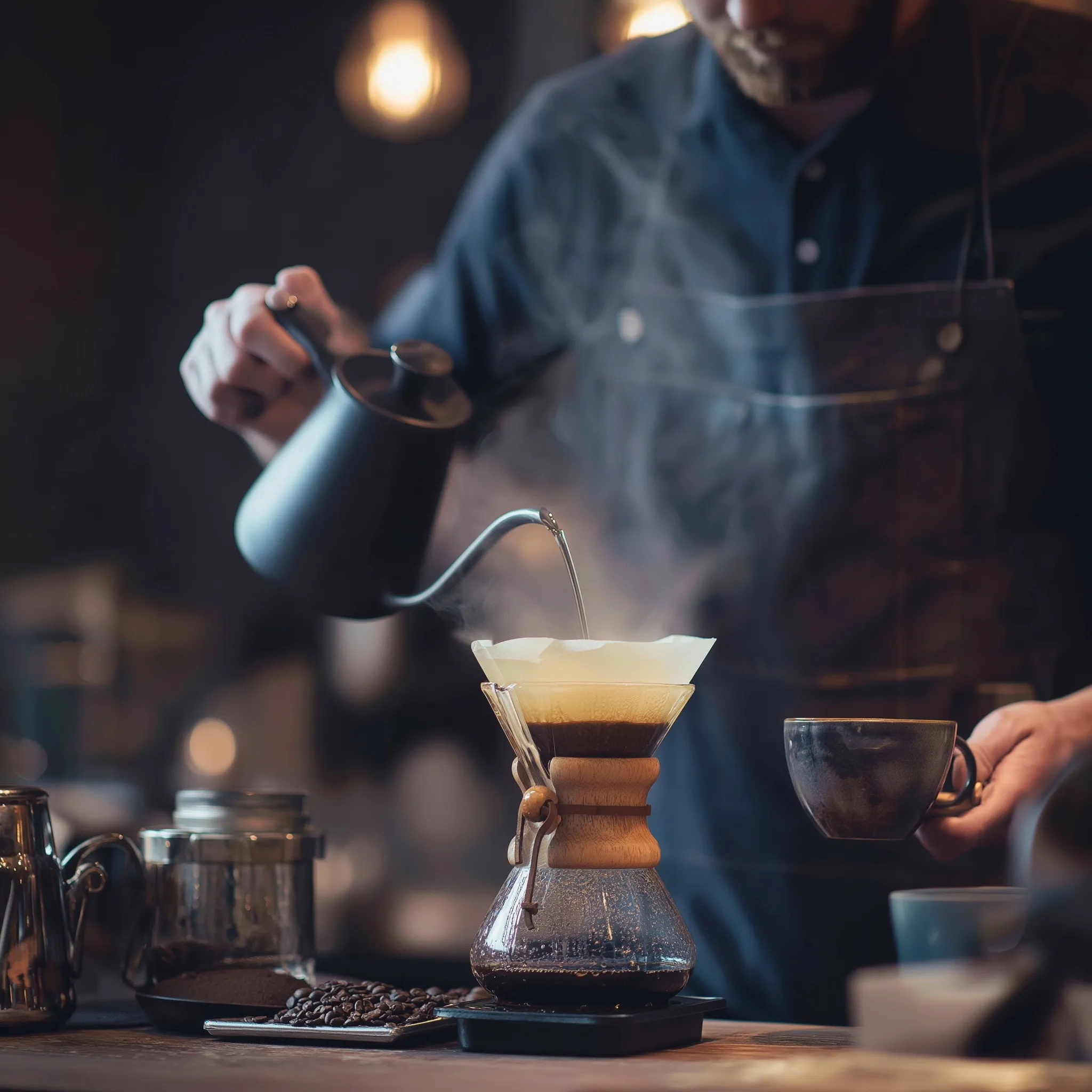 A professional barista performing a precise pour-over coffee technique for a customer in a modern cafe.