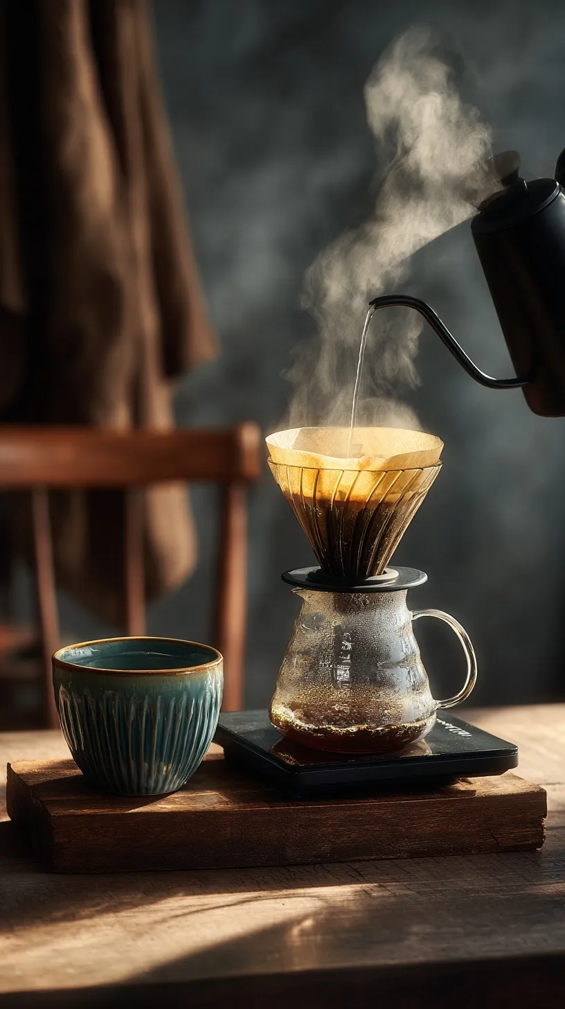 Close-up of a gooseneck kettle pouring water over coffee grounds in a ceramic dripper on a wooden table.