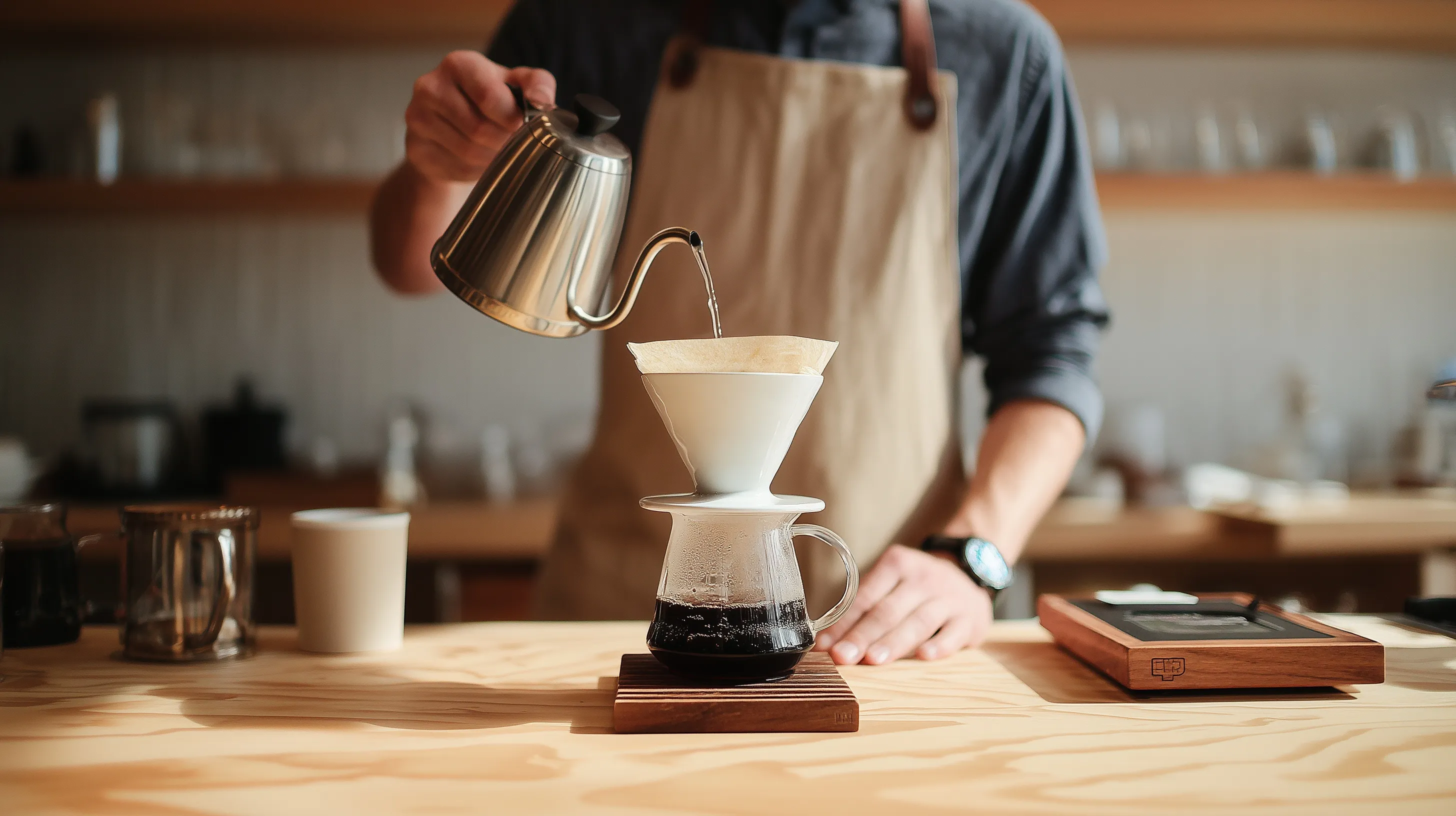 A barista pouring hot water from a gooseneck kettle into a coffee dripper at a clean, minimalist specialty cafe.