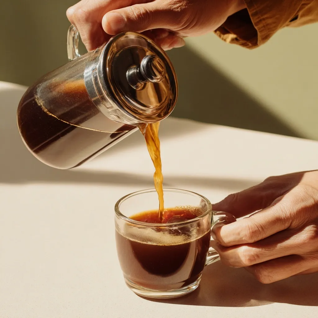 Close-up of hands pouring fresh pour-over coffee from a kettle into a glass cup on a bright kitchen surface.