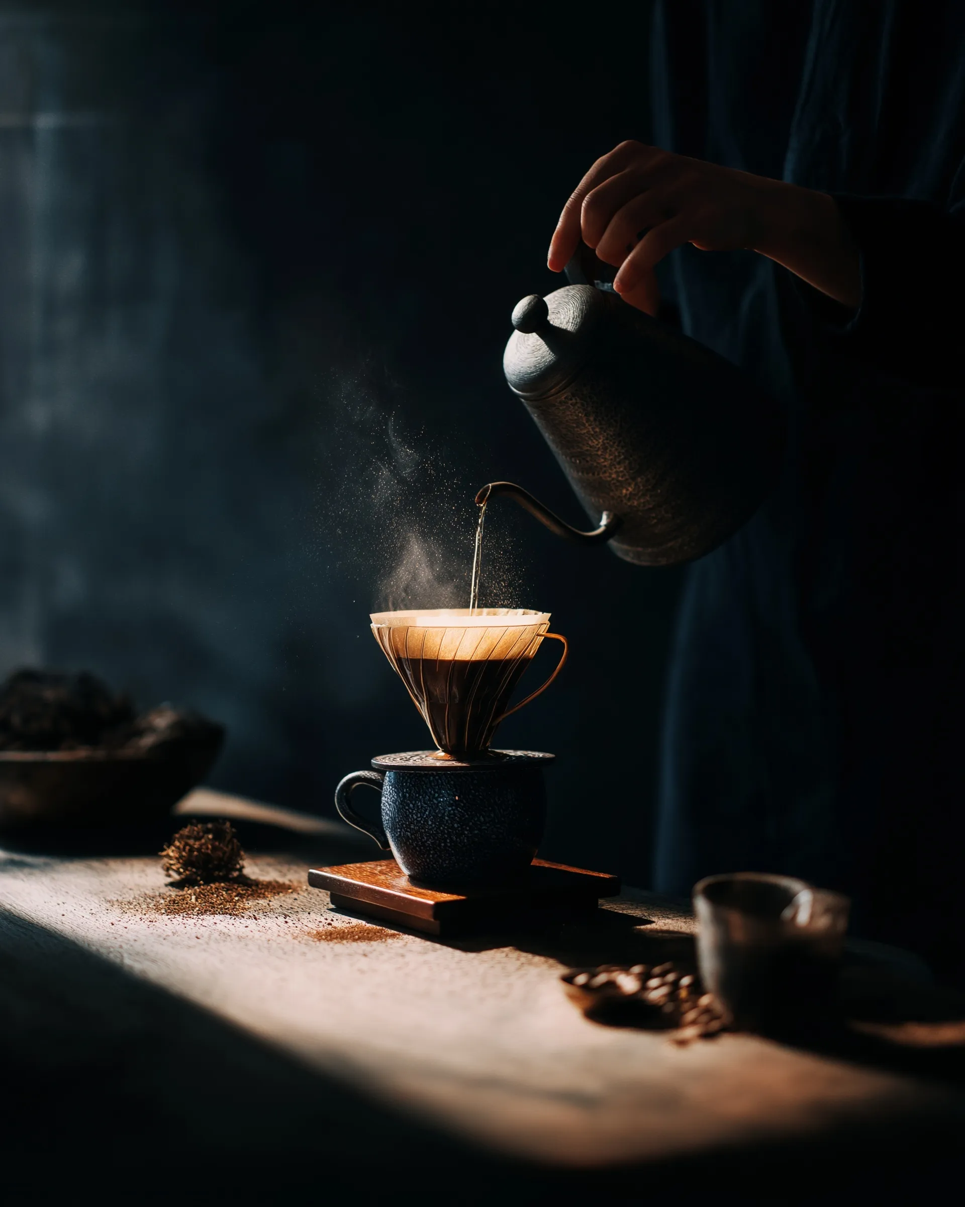 A person pouring hot water from a stainless steel gooseneck kettle over fresh coffee grounds in a glass dripper.
