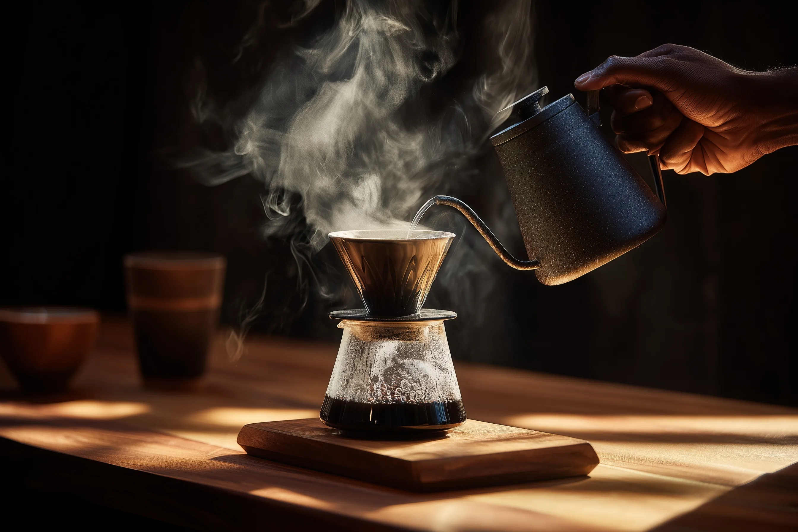 Hands pouring hot water from a kettle into a pour-over coffee dripper on a wooden counter with rising steam.