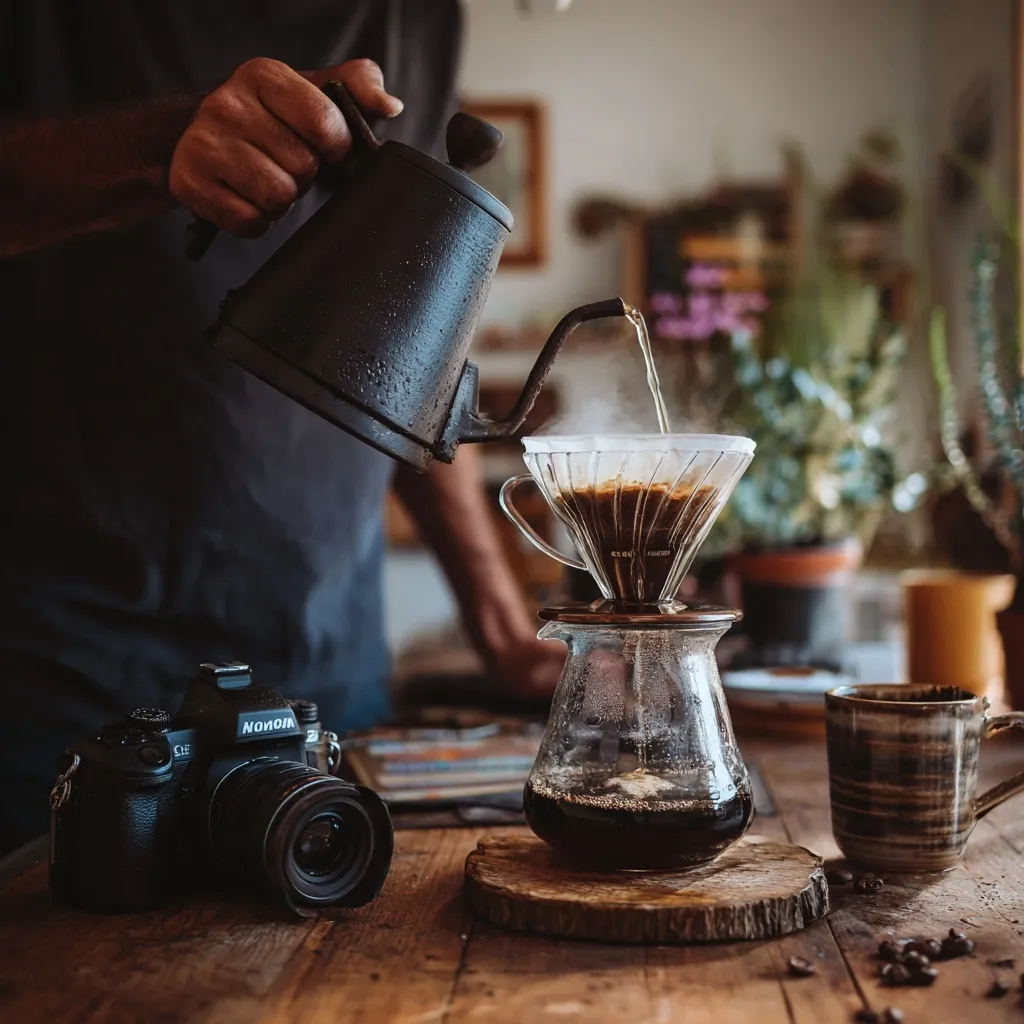 A person using a gooseneck kettle to pour hot water over coffee grounds for a hand-drip brew at home.