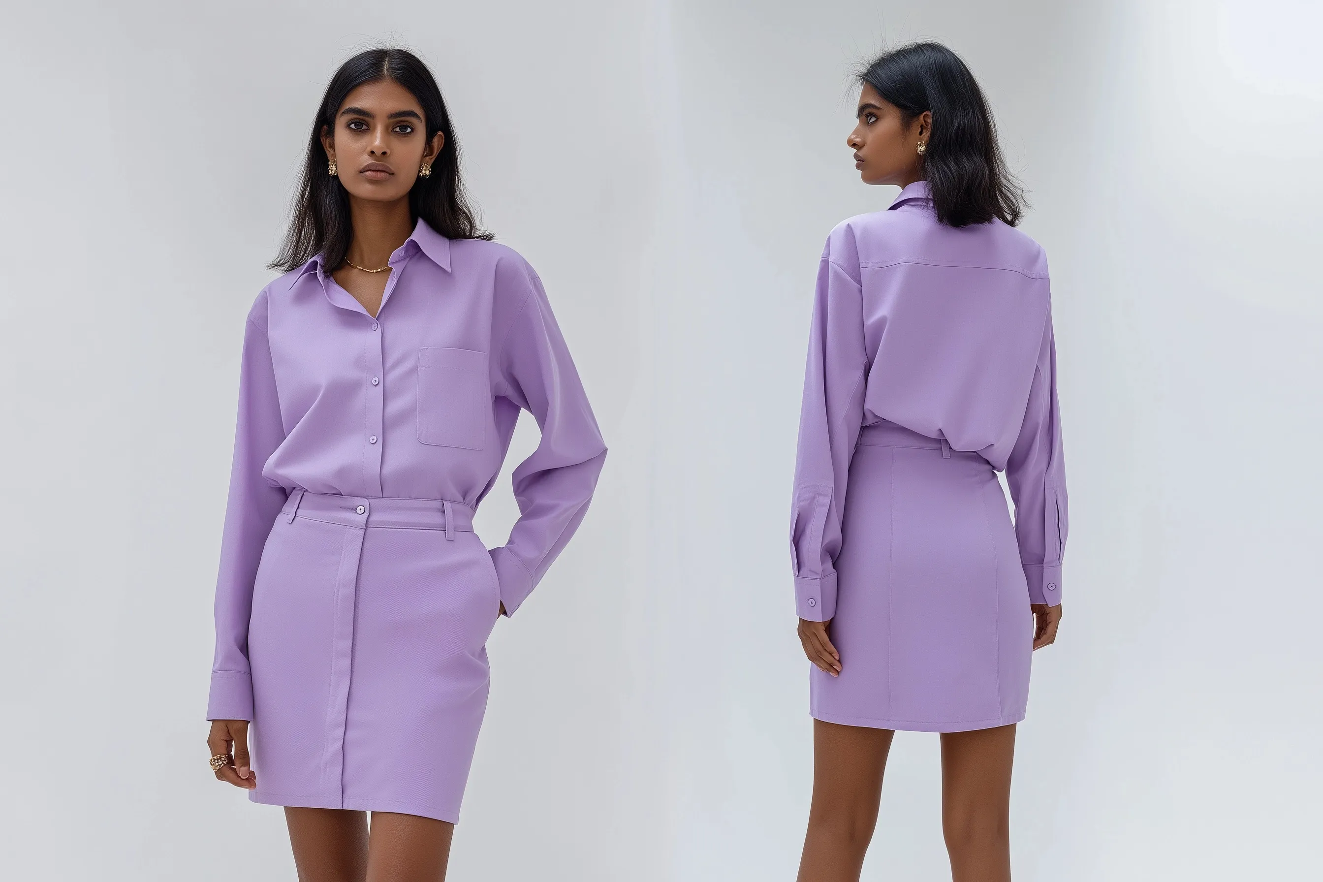 Female model wearing a lavender Y2K co-ord set, front and back view, professional fashion photography on white.