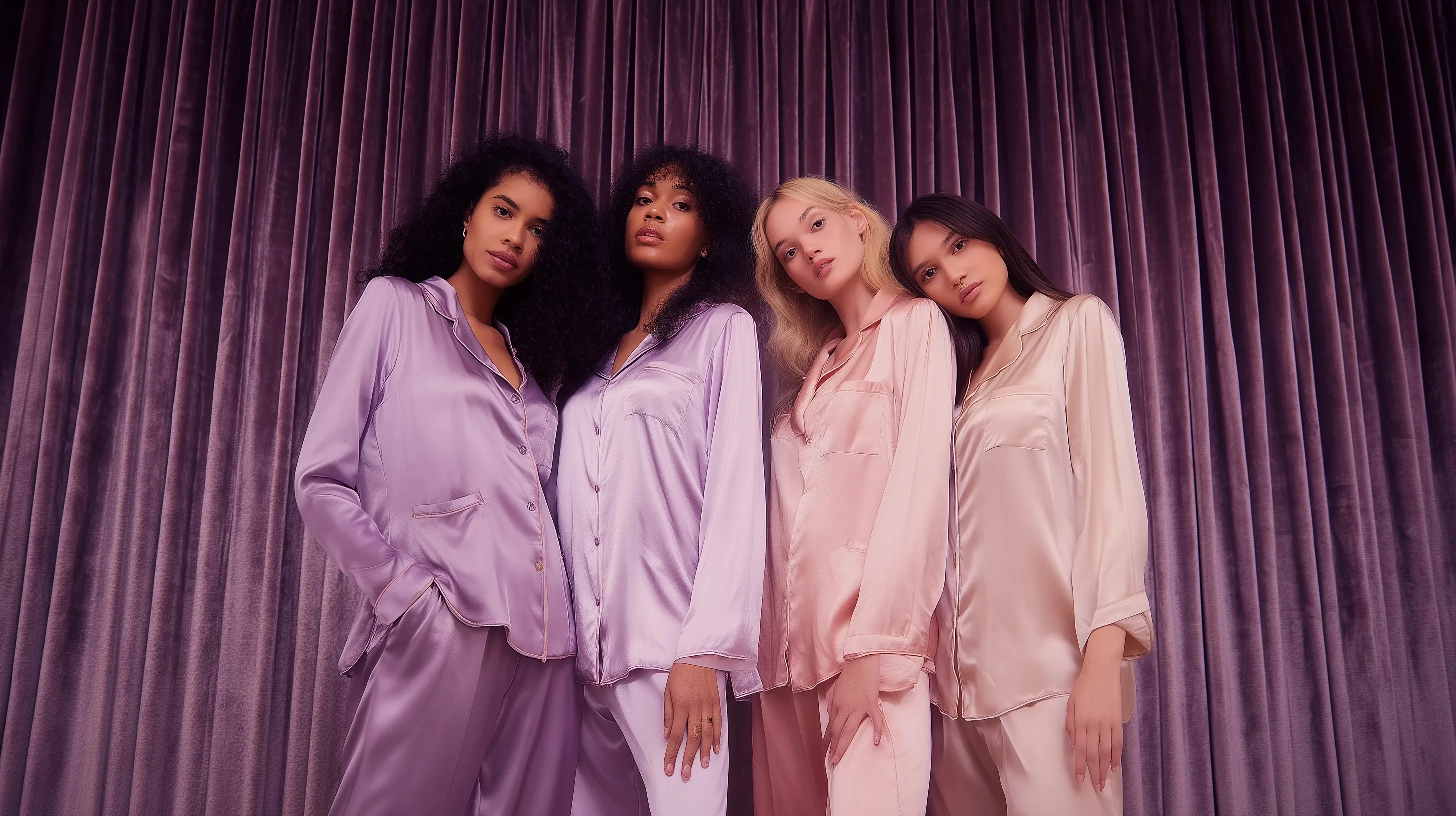 Women in stylish lilac lavender co-ord pajama sets posing against a luxurious pleated velvet curtain backdrop.