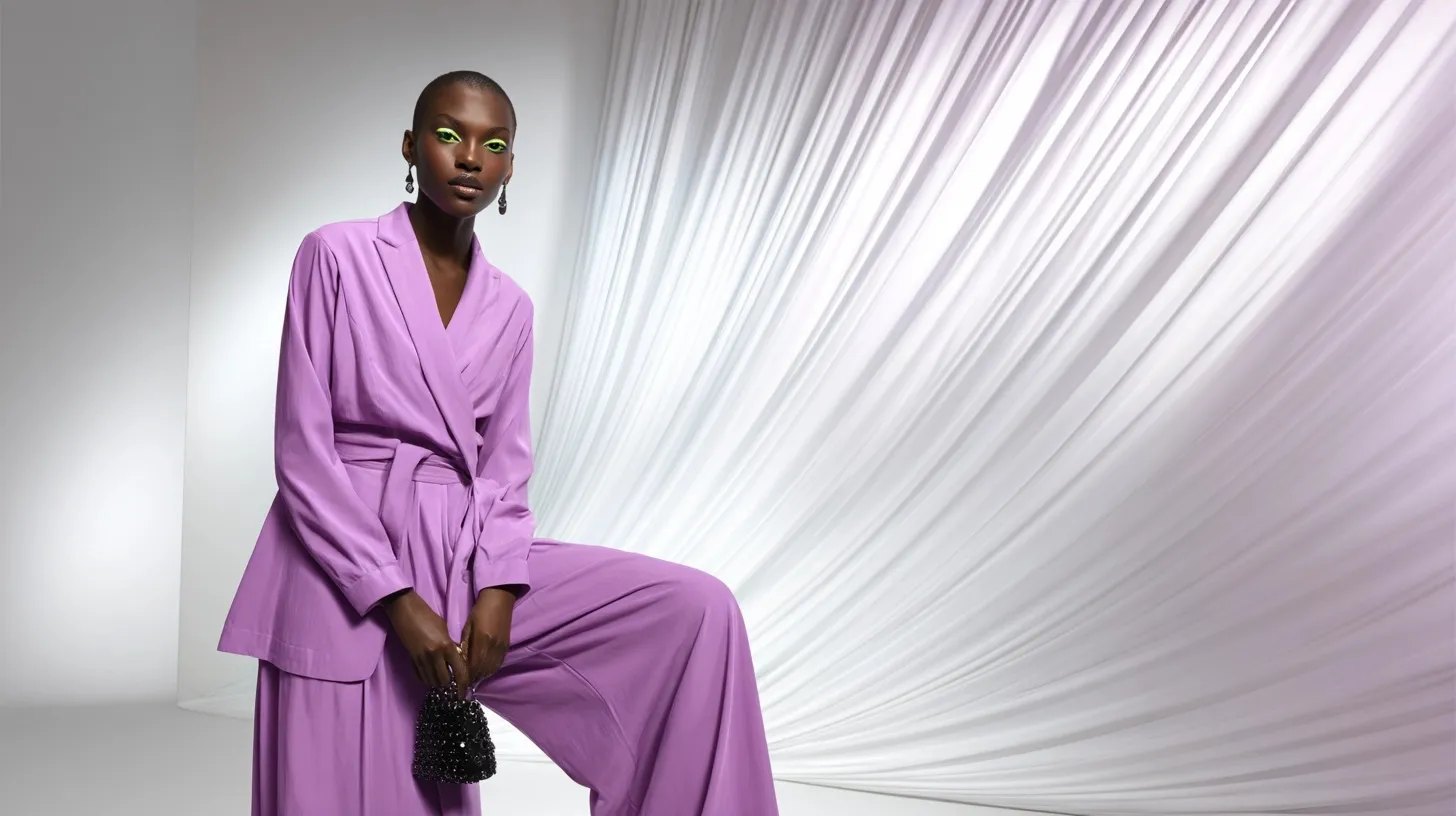A model with shaved head and green eyes wearing a stylish lilac lavender co-ord pantsuit in a studio setting.
