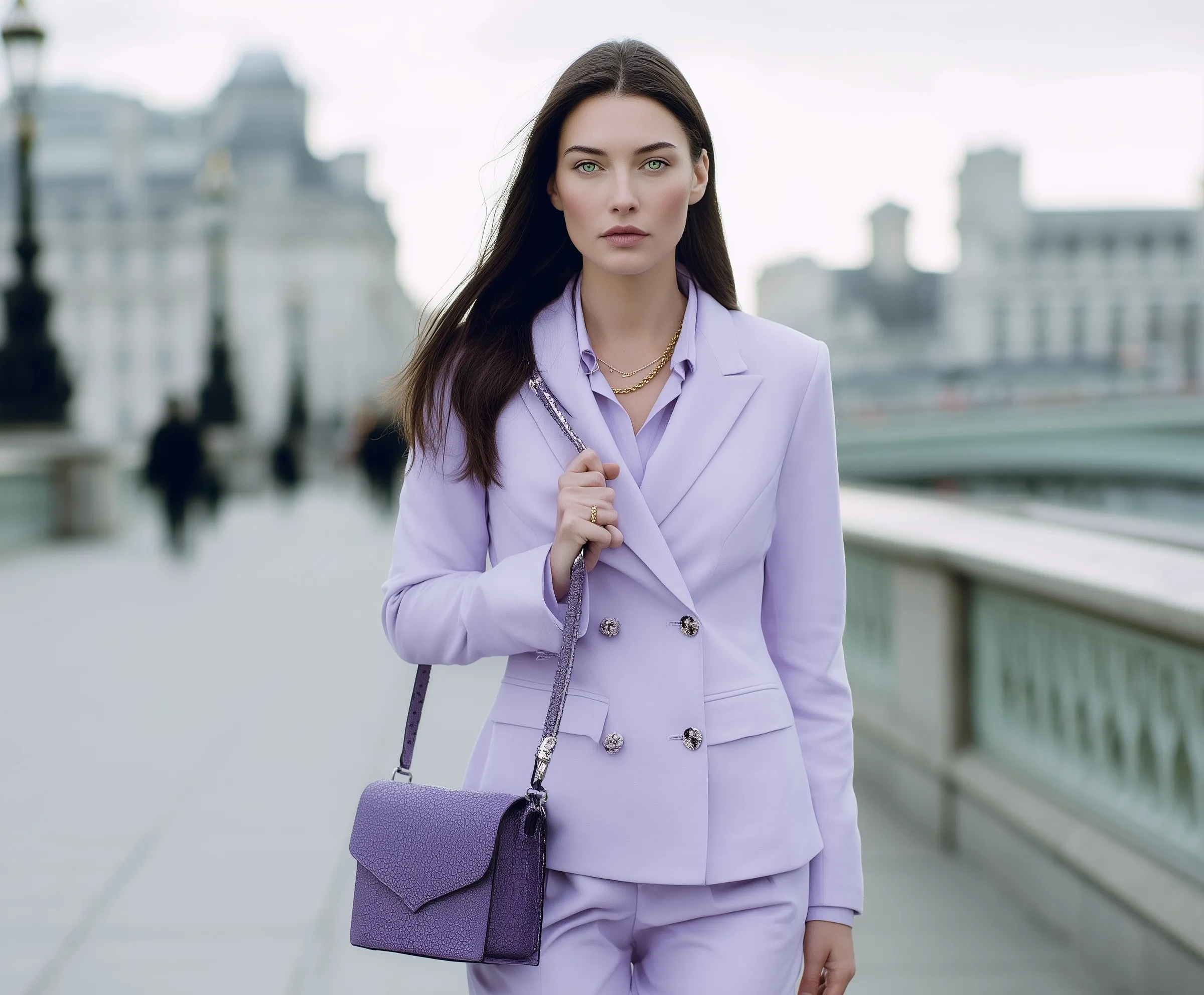 A chic woman in a monochromatic lavender co-ord suit and matching bag walking through London streets.