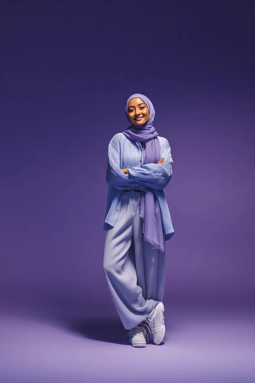 A confident young Muslim woman wearing a stylish lavender co-ord set and matching hijab in a studio.