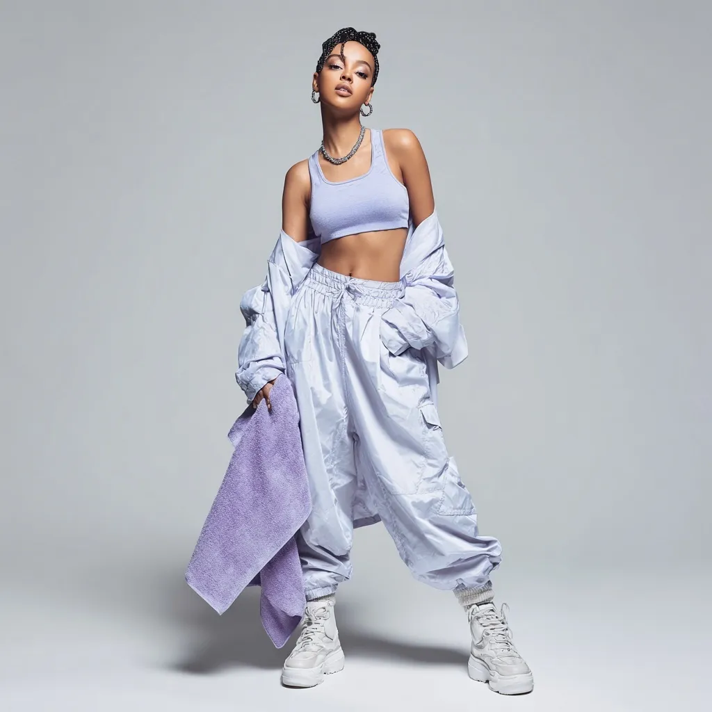 A confident Gen Z woman posing in a trendy lilac lavender co-ord set against a clean, minimalist white background.