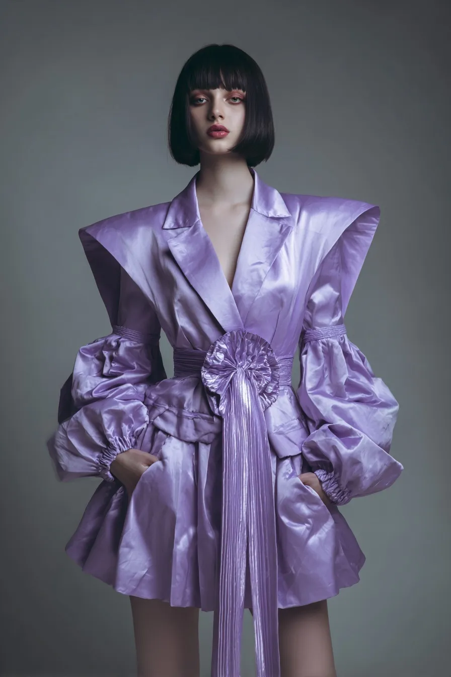 A smiling woman posing in a lilac satin blazer dress co-ord set against a neutral grey studio background.