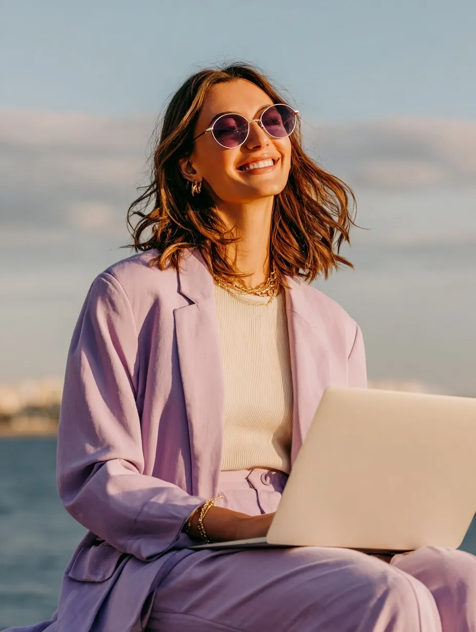 A smiling woman in a lavender co-ord set working on a laptop outdoors by the sea during a sunny summer day.