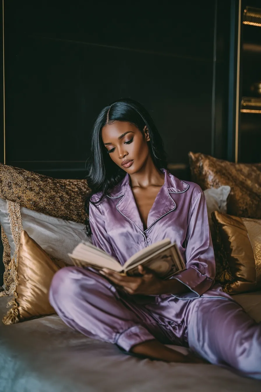 Black woman with sleek hair wearing a lavender satin pajama co-ord set while reading in a luxury bedroom.