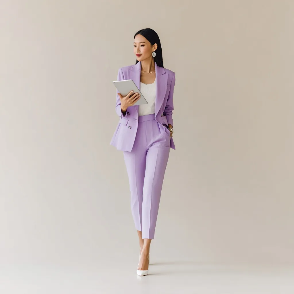 Asian businesswoman in a lavender co-ord set holding an iPad, walking with confidence in a professional studio.