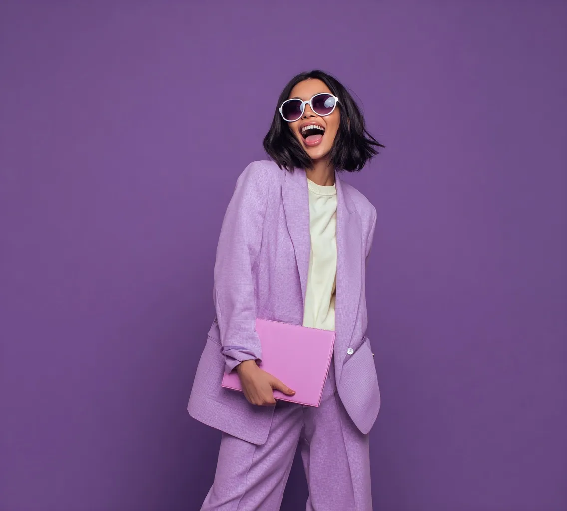 Happy young woman wearing a stylish lavender oversized co-ord suit and sunglasses posing against a purple background.