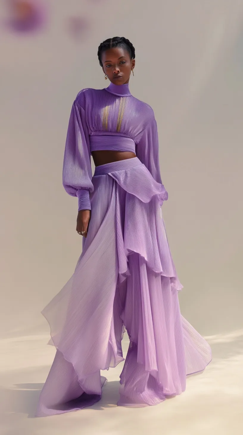 A Black woman wears a lavender two-piece co-ord set with a turtleneck top and layered skirt in a studio setting.
