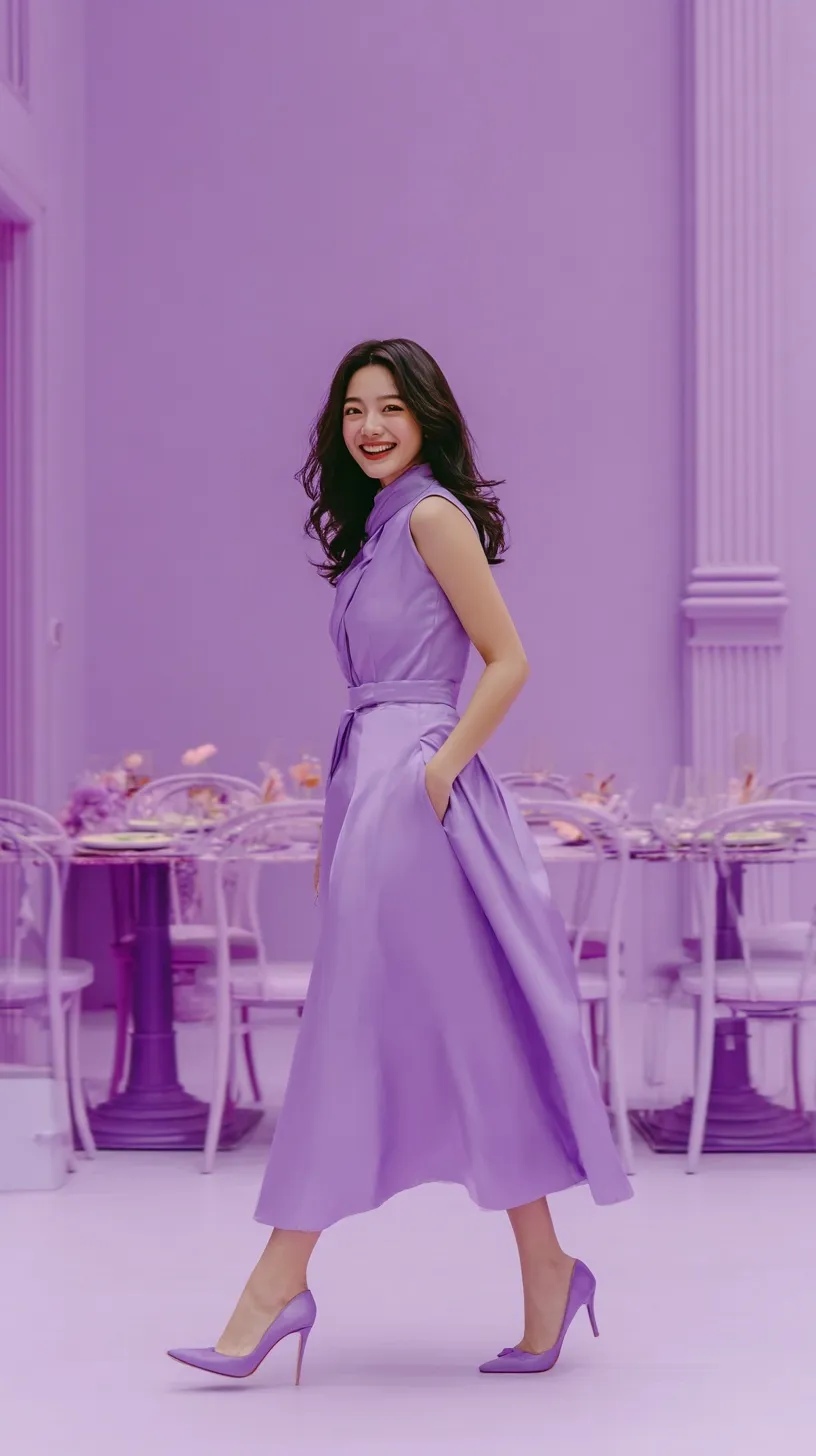 A beautiful brunette Korean woman in a luxurious lilac midi co-ord dress walking in a modern lilac studio set.
