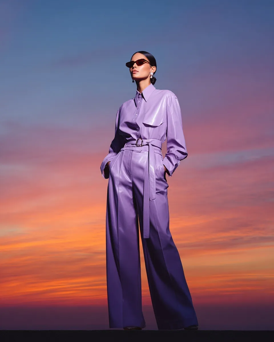 A tall elegant woman in a structured lavender co-ord set standing against a surreal sunset sky.