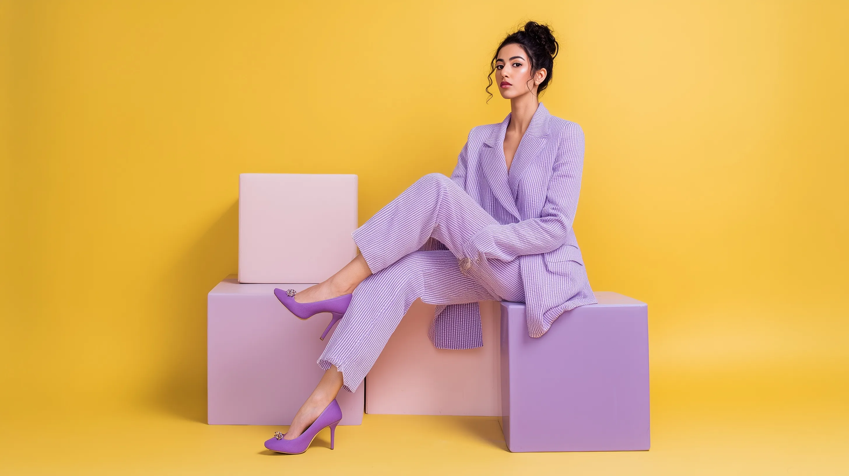 A model wearing a minimalist luxury lavender co-ord set and pumps posing on a matte seat against a chartreuse backdrop.
