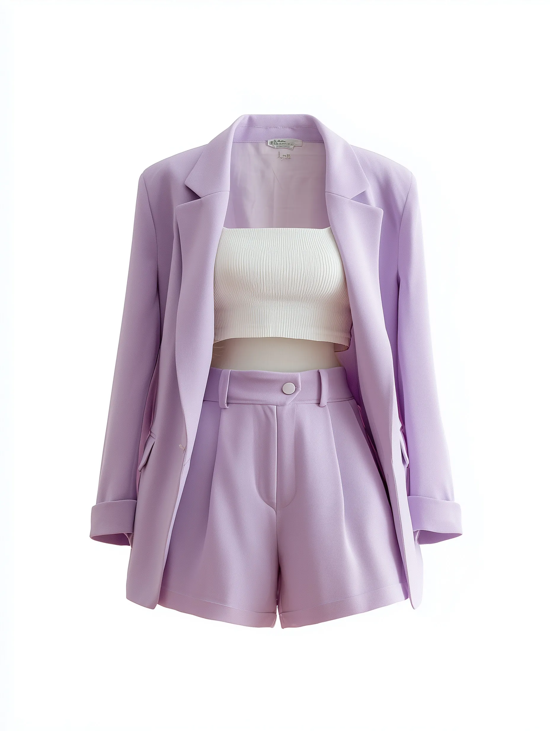 Lavender oversized blazer and matching high-waisted shorts set on a white background, studio product photography.