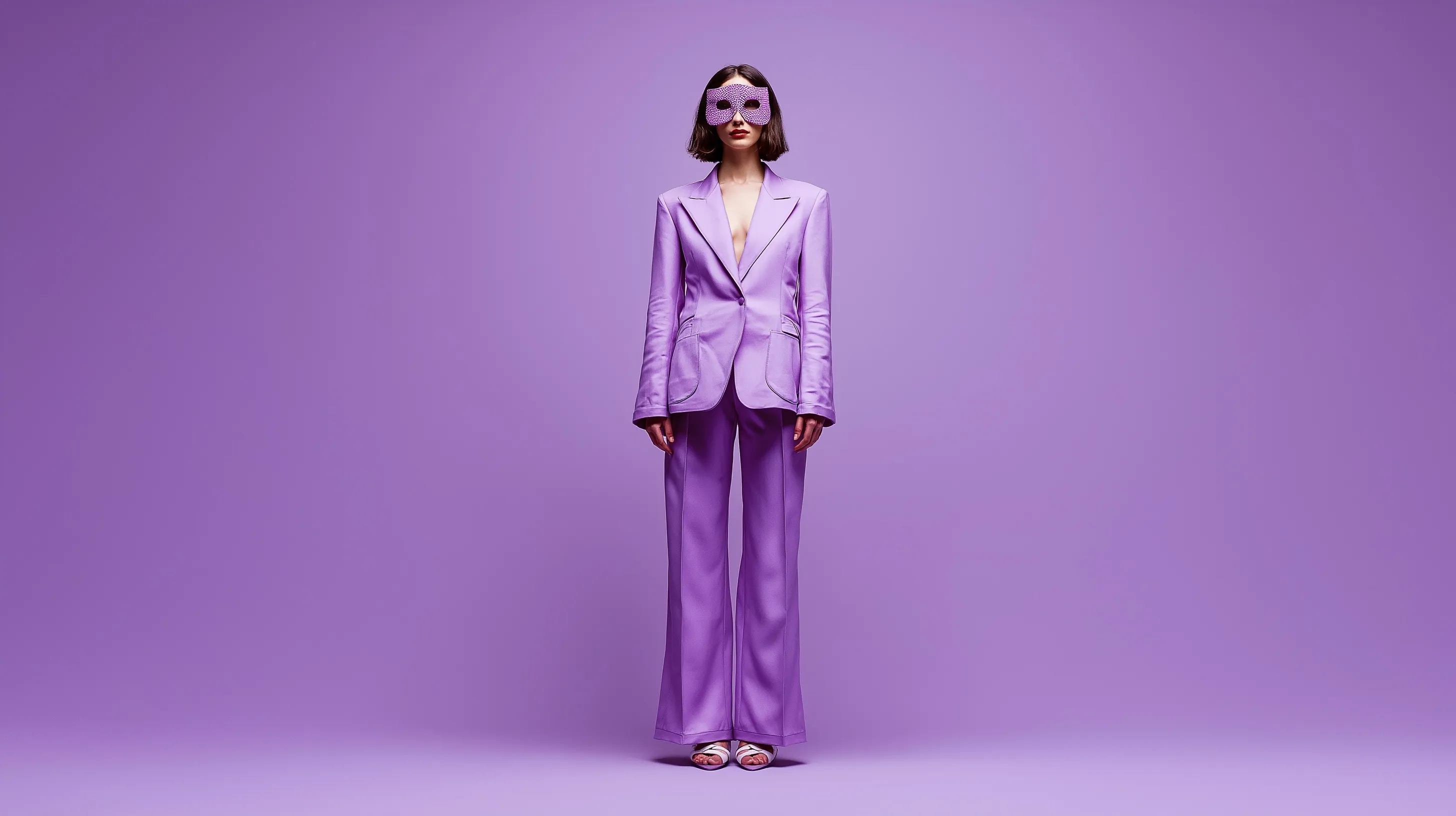 A woman in an elegant lavender tuxedo and theatrical mask standing against a matching purple studio background.