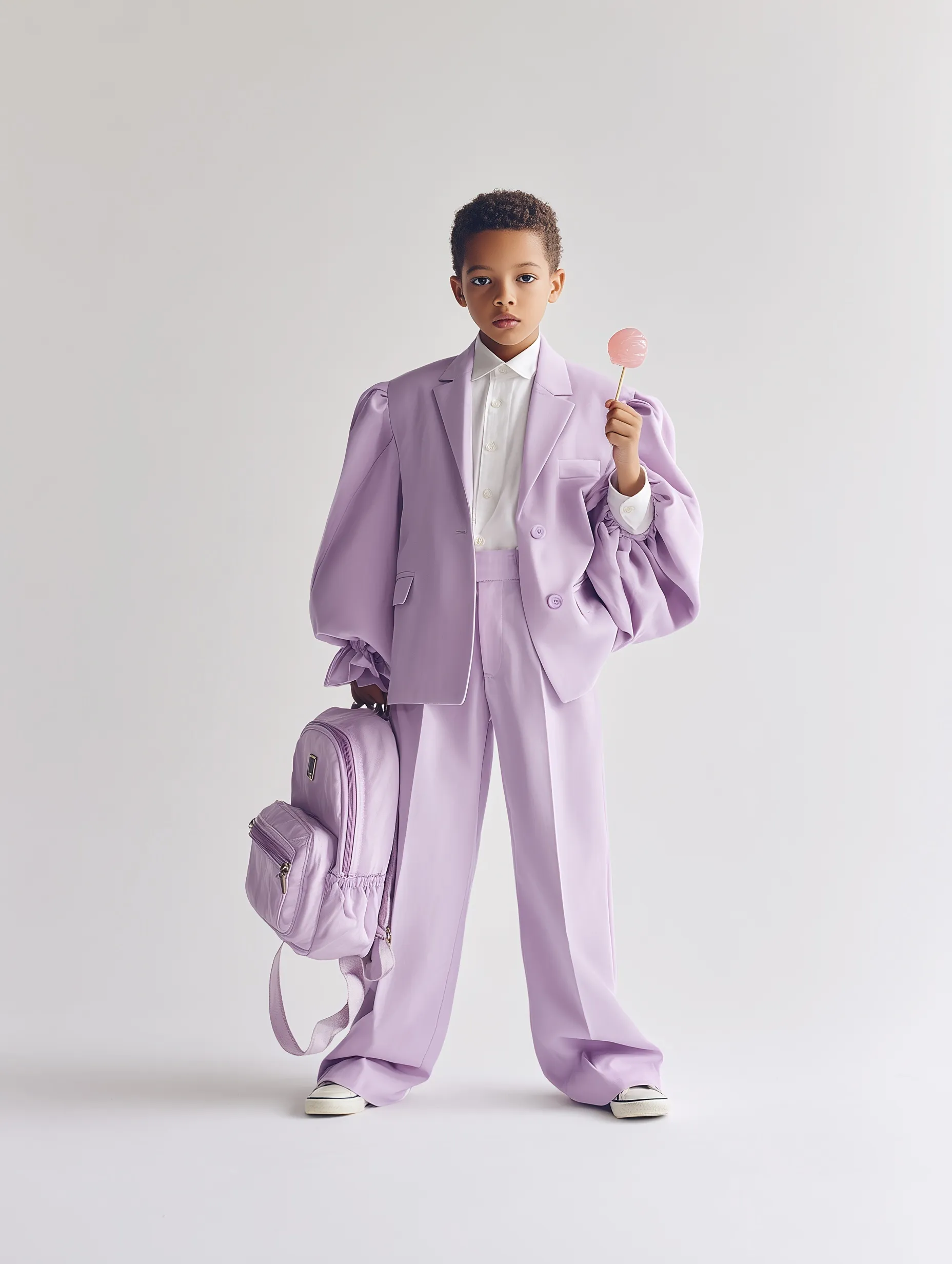 Arabic child in an oversized lavender co-ord suit and backpack holding a lollipop against a white background.