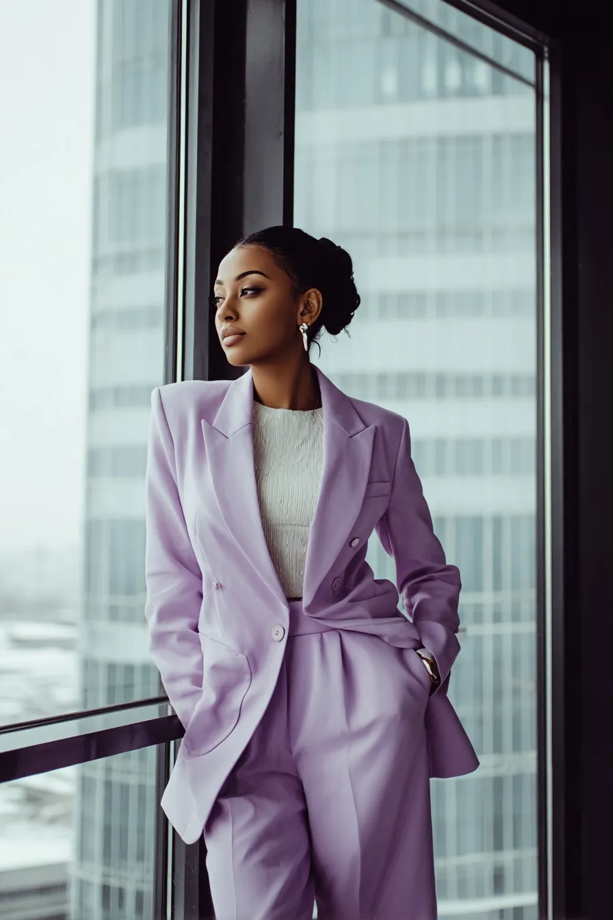 A confident Black woman wearing a designer lavender co-ord set standing before a skyscraper window.