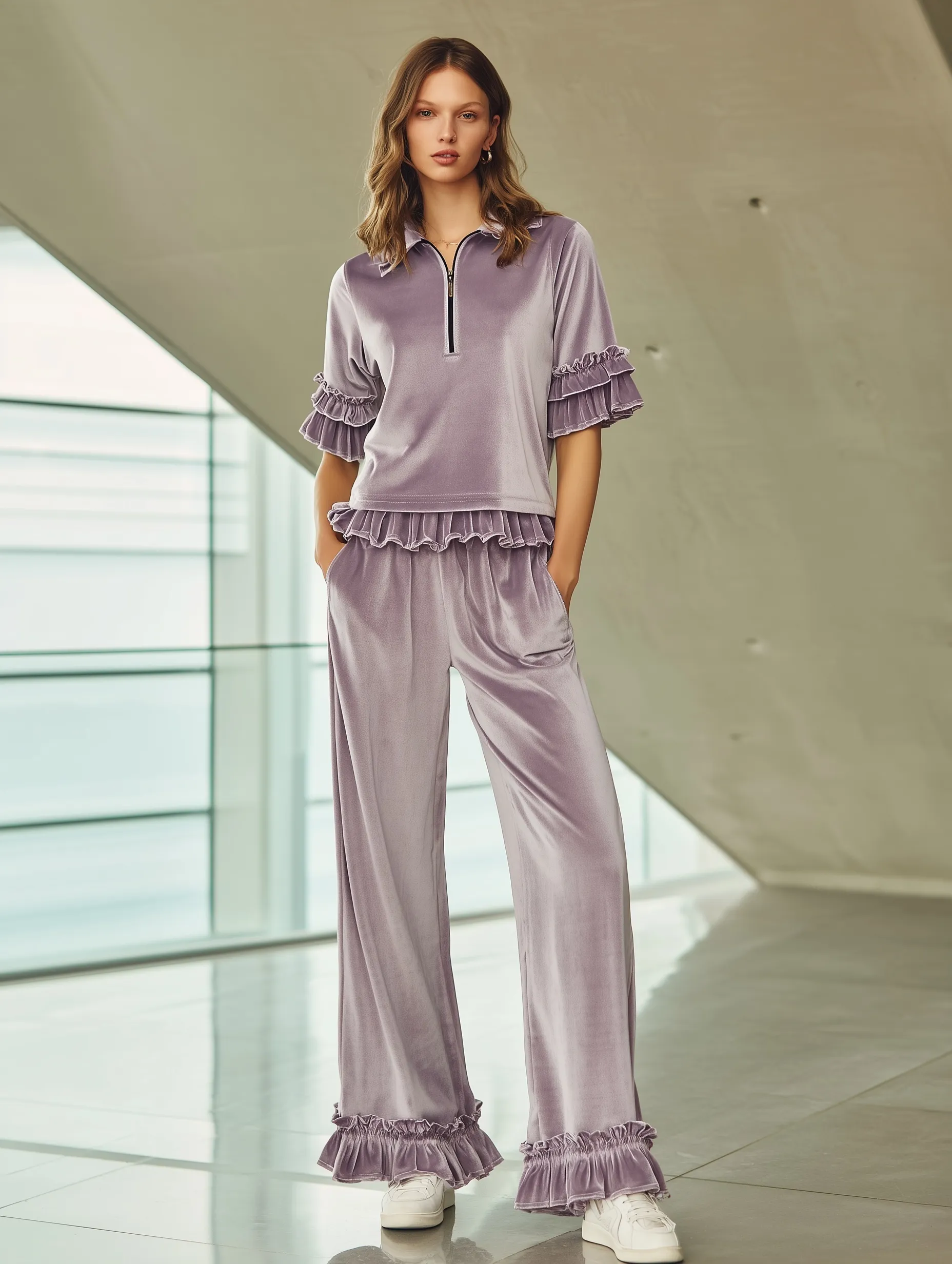 A 32-year-old woman in a stylish lavender velvet co-ord set with a half-zip top and wide-leg pants.