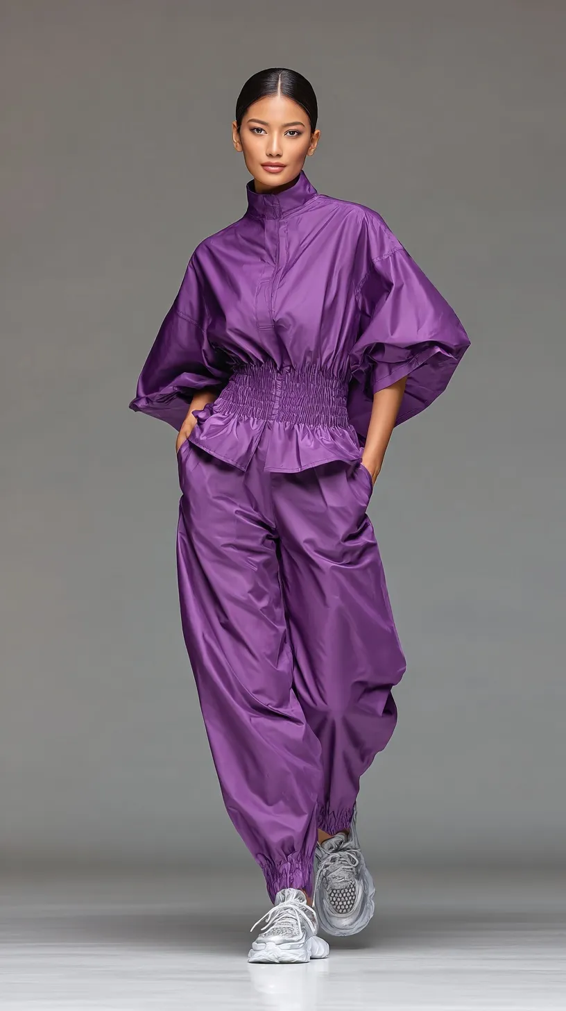 Full body portrait of a female doctor in a monochrome lilac luxury avant-garde medical scrub co-ord set.