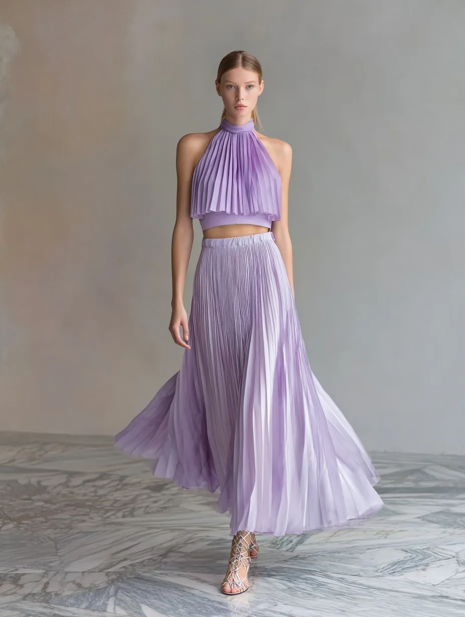 A model wearing a light purple pleated chiffon co-ord set with a halter top and skirt in a luxury hotel lobby.
