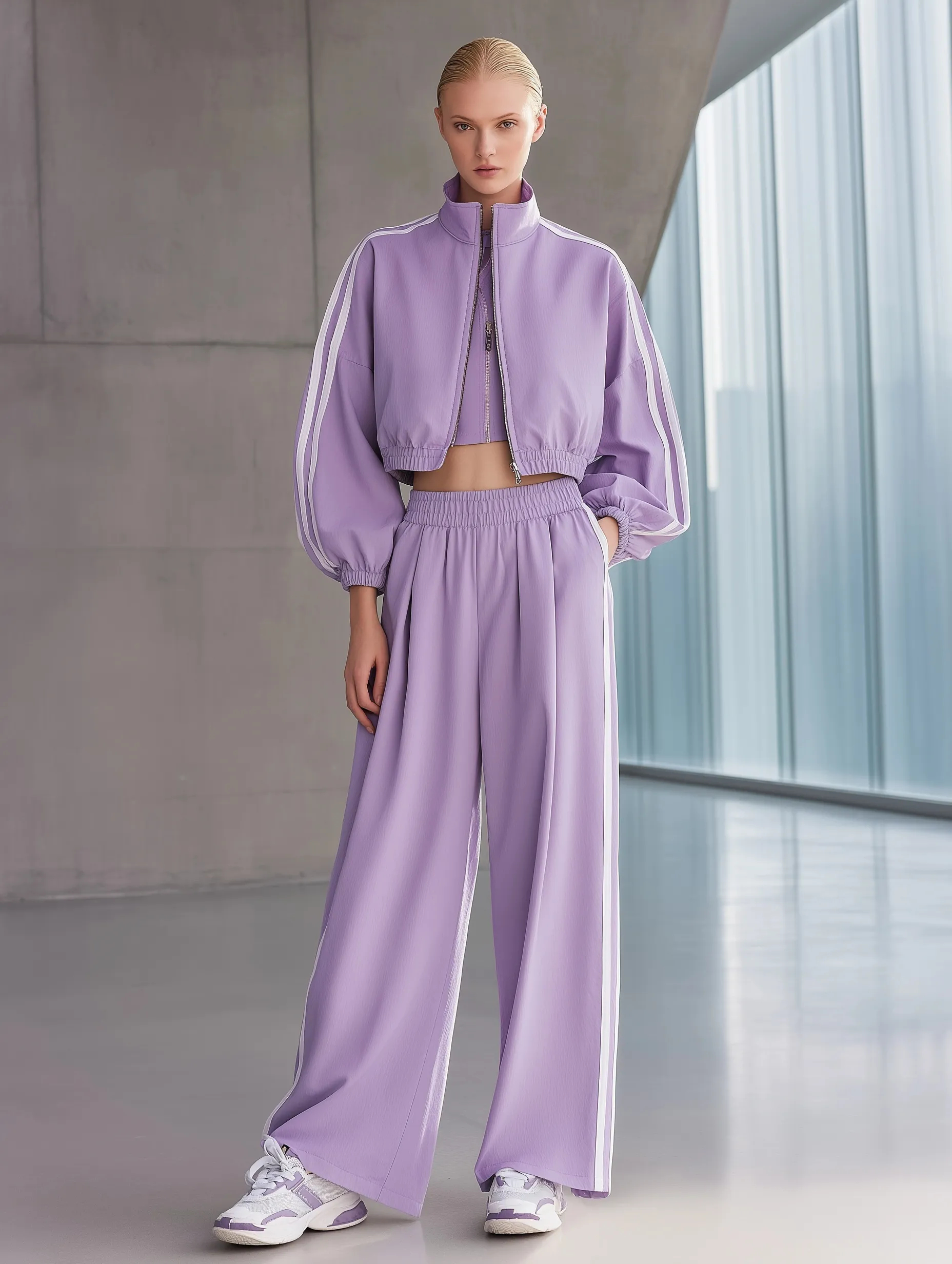 Caucasian woman wearing a taro-purple sporty co-ord set with a zip-up jacket and wide-leg trousers in a modern room.