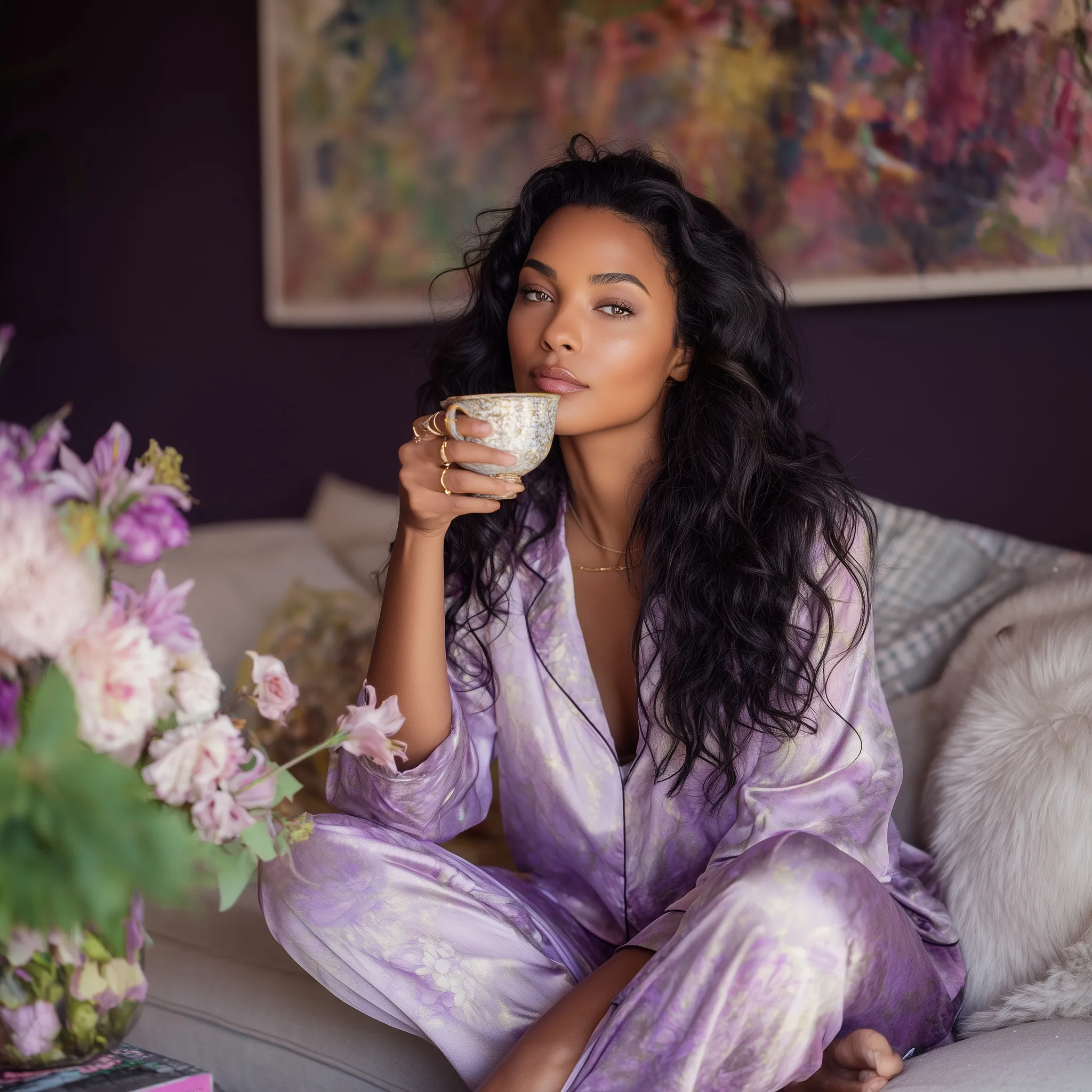 African American woman with long wavy hair relaxing on a modern couch in a cozy purple lavender co-ord pajama set.