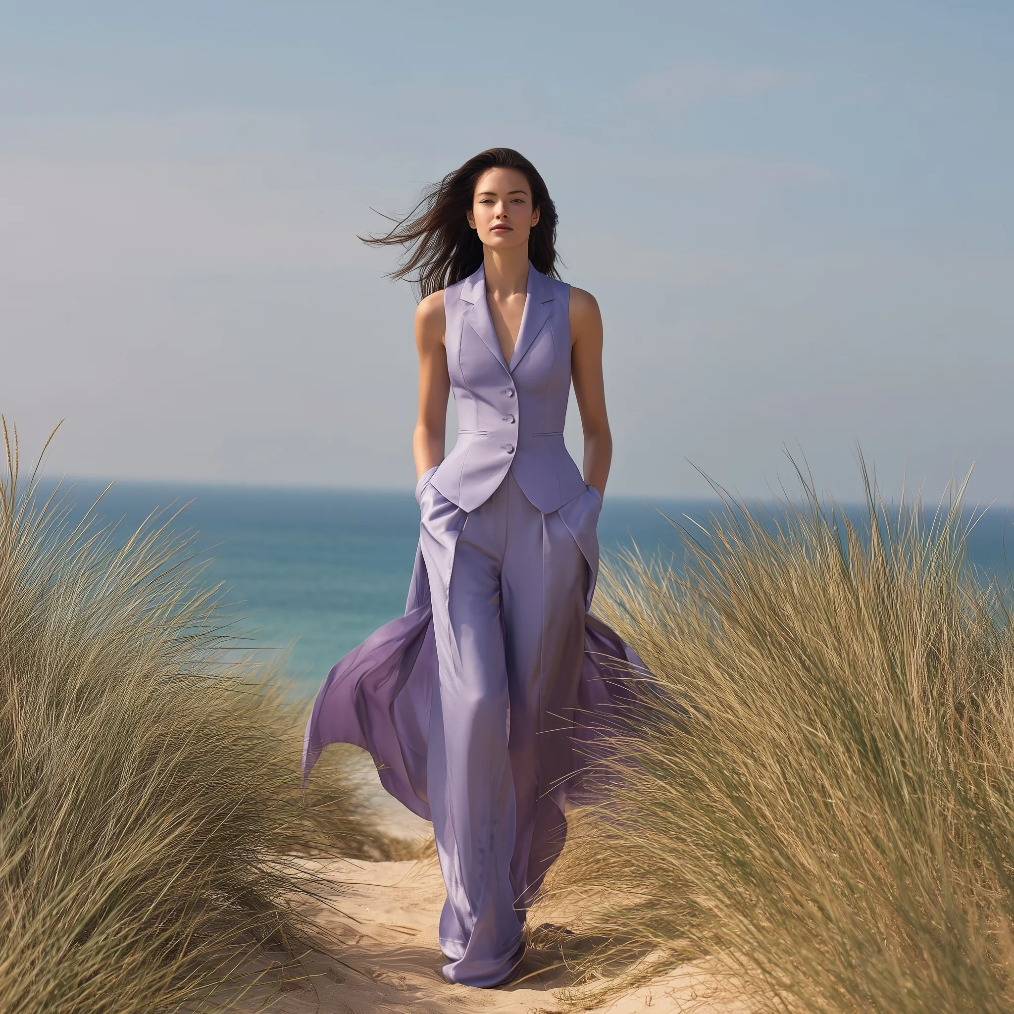 A model wearing a tailored lilac lavender co-ord set with a crepe vest and flowing silk satin trousers at the coast.